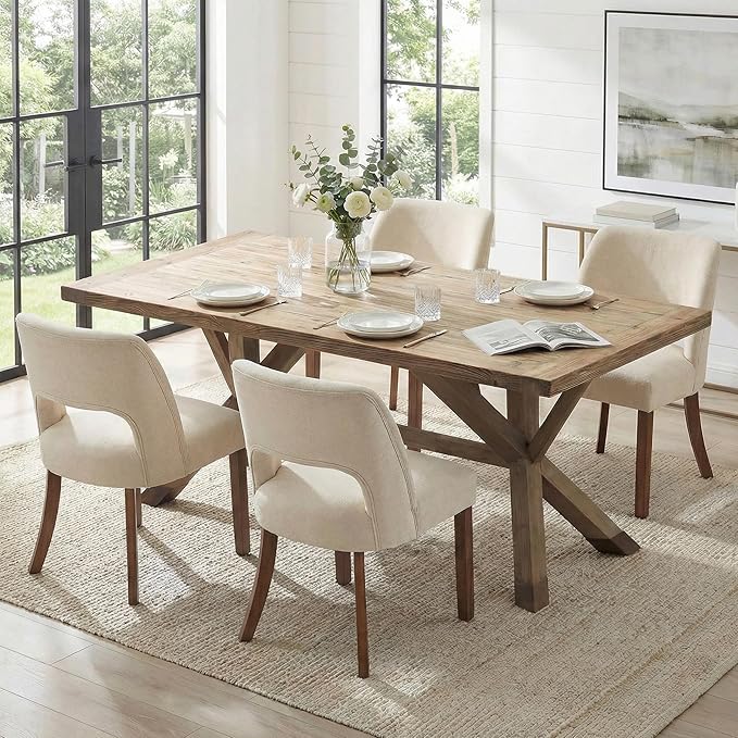 keoni Wooden Dining Chairs Set of 4, Mid Century Modern Upholstered Dining Room Chairs with Rubberwood Legs, Fabric Farmhouse Kitchen Chairs with Foot Pegs for Dining Room, Cream