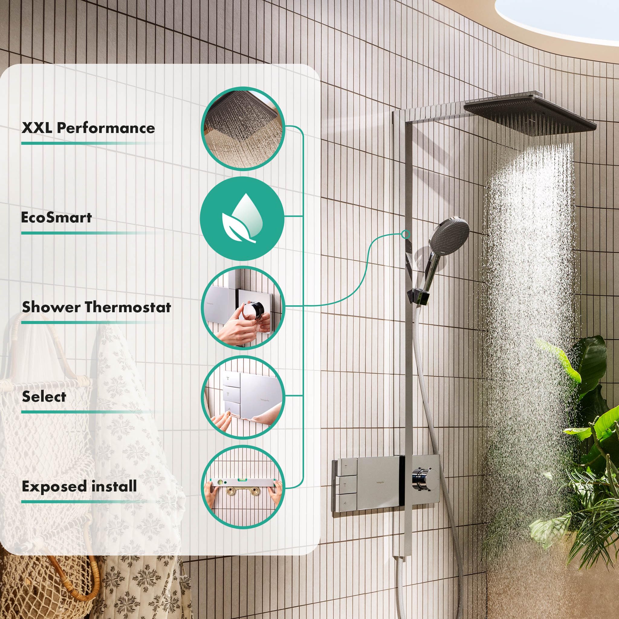 hansgrohe Raindance Alive Q - Colonna doccia a risparmio idrico (EcoSmart) con miscelatore termostatico, Sistema doccia con rubinetto, doccetta, tubo, asta e soffione doccia (2 getti), cromo, 24591000