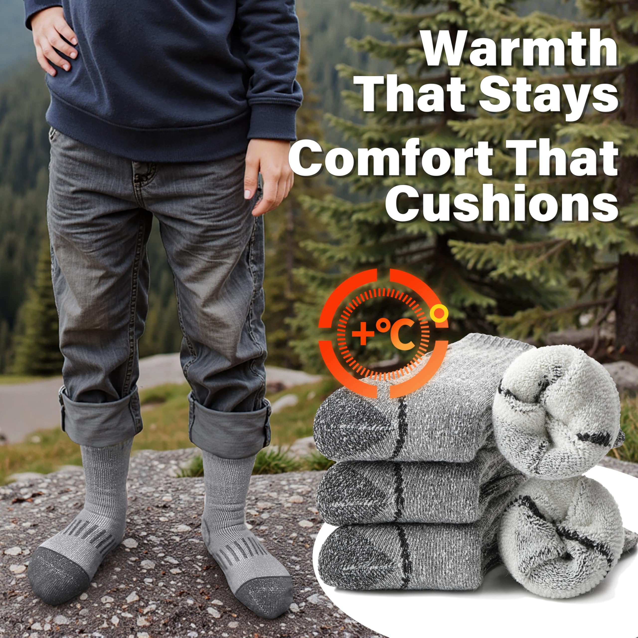 Anlisim Merino Wandersocken für Kinder Mädchen Jungen Wolle Socken Dicke Thermosocken Warme Sportsocken Trekking Wintersocken Weihnachtssocken Geschenke Kindersocken 4 Paare(Grau,12-15 Jahre)
