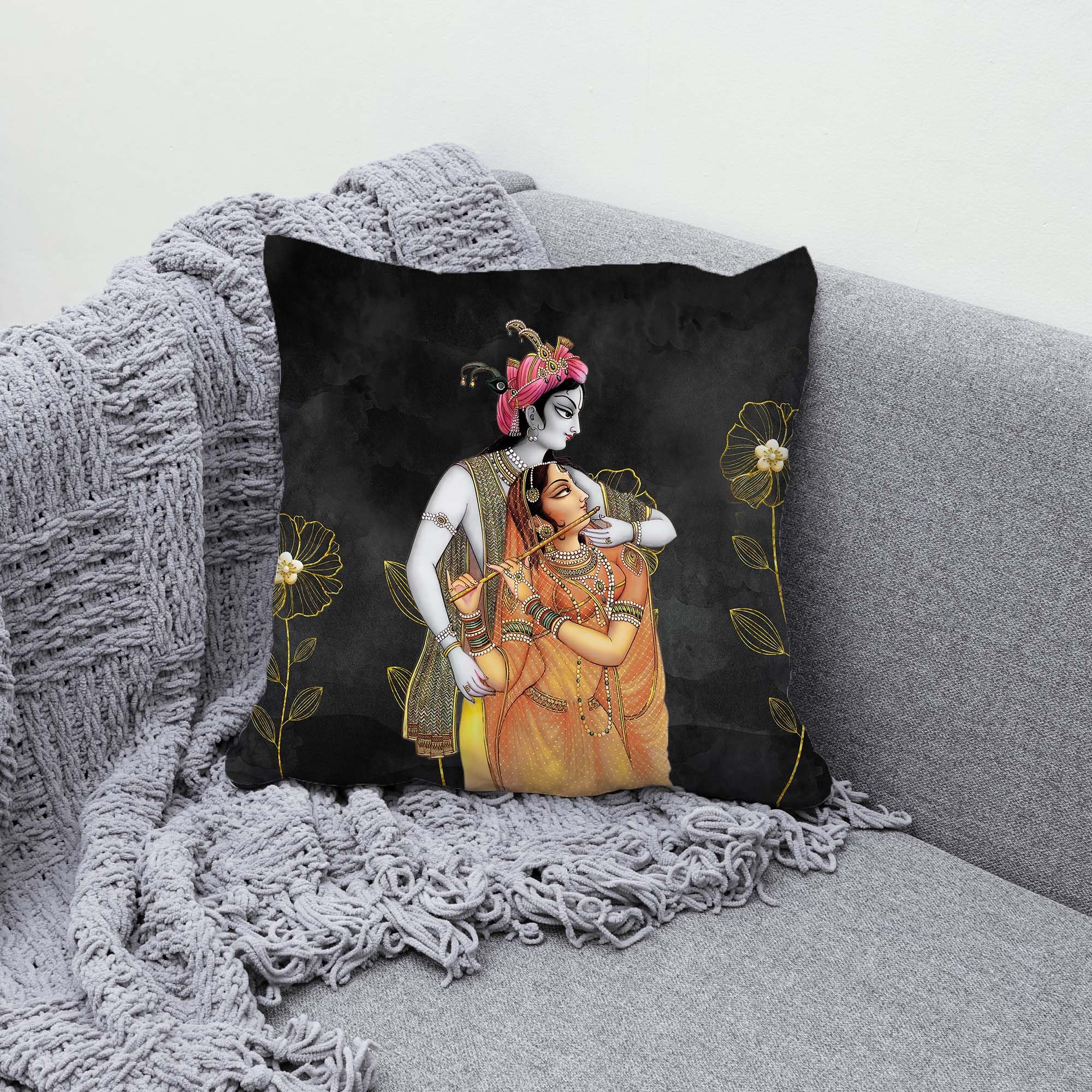 ARTBUG Radha Krishna Art Decorative Canvas Cushion Cover for Sofa & Couch for Stylish Home Décor (Pack of 4, 12x12 Inch)