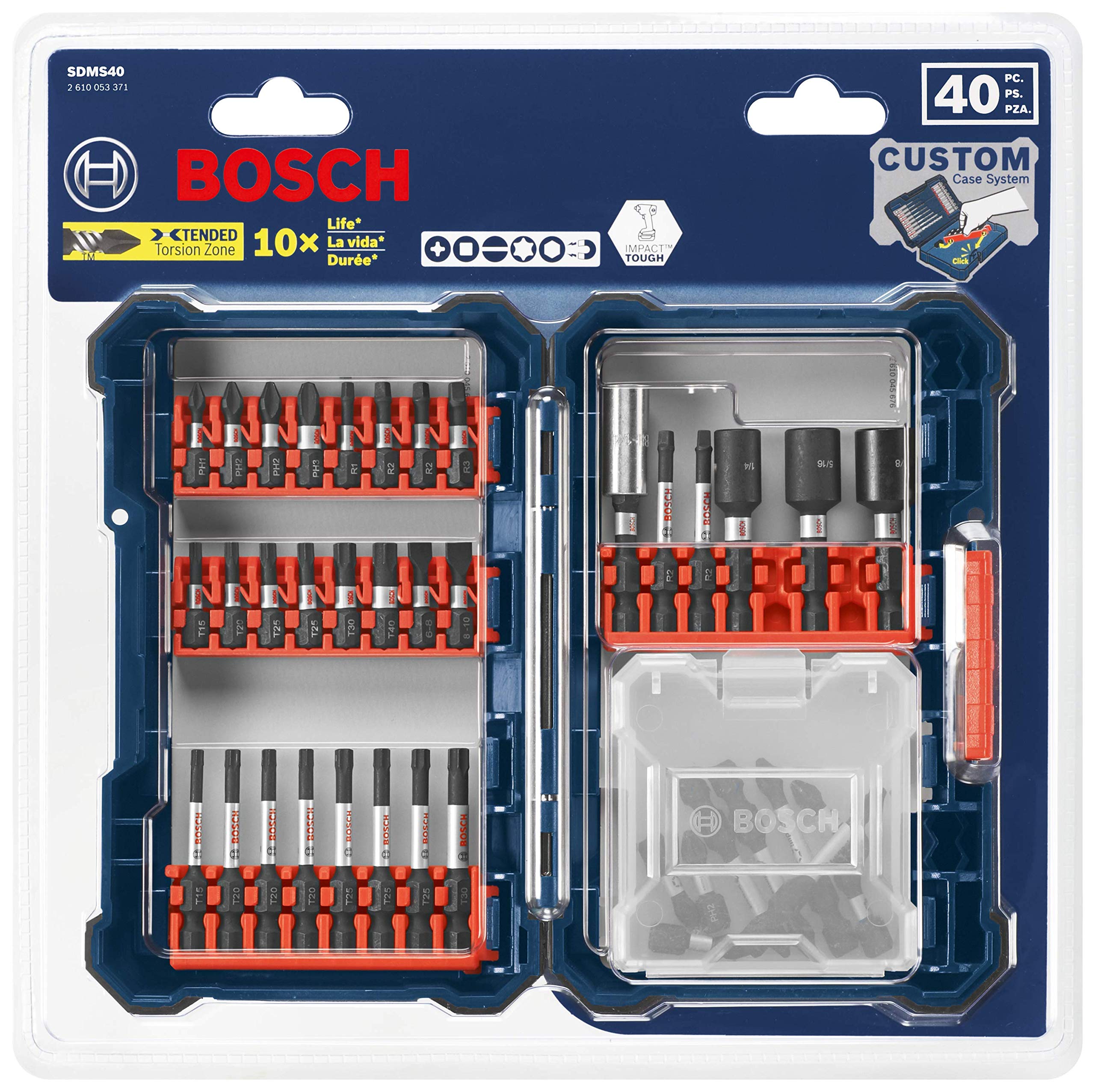 BOSCH SDMS40 Juego de destornilladores de 40 piezas resistentes a los impactos con carcasa personalizada para atornillado y perforación