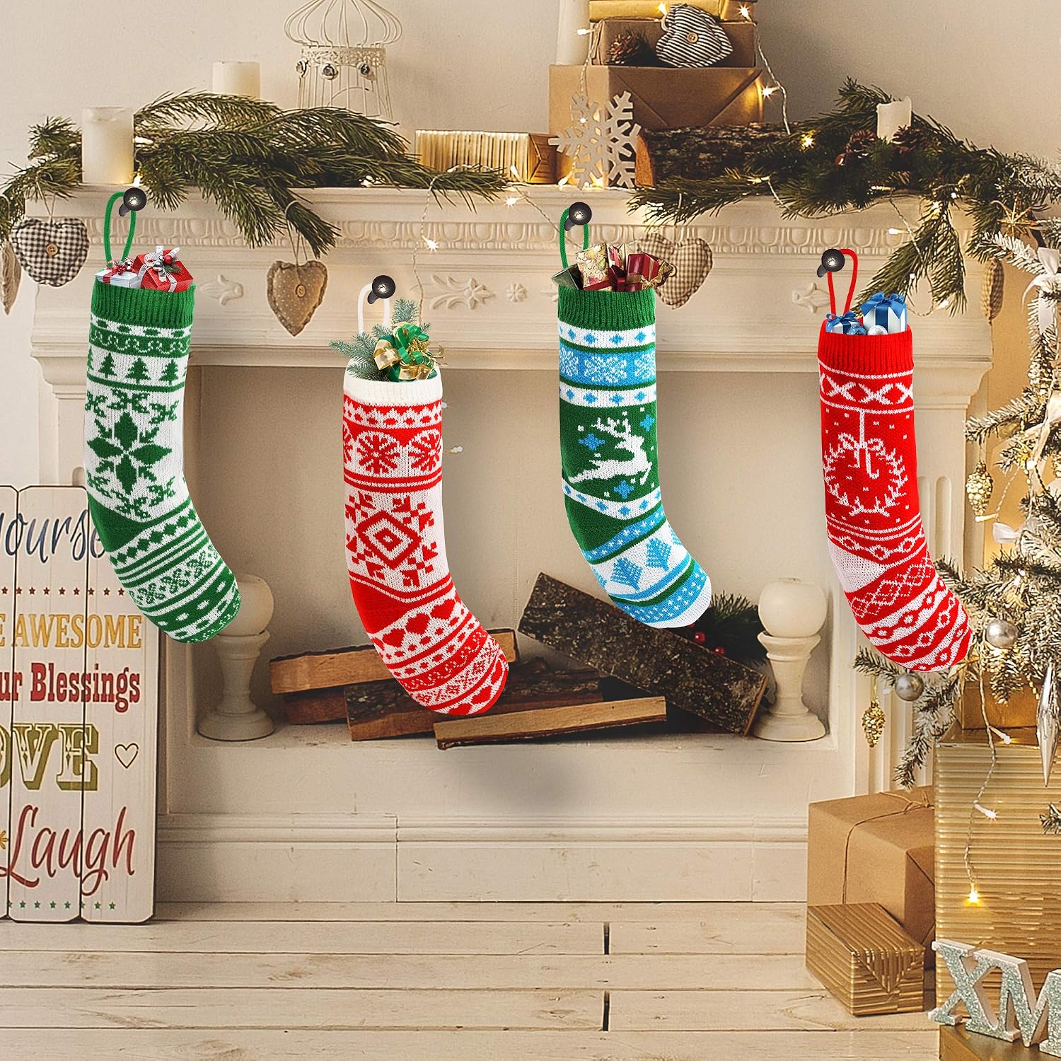 JOYIN 4 Pack 18” Christmas Stockings, Large Size Rustic Cable Knit Xmas Stocking in Red & Green, for Family Holiday Season Decorations