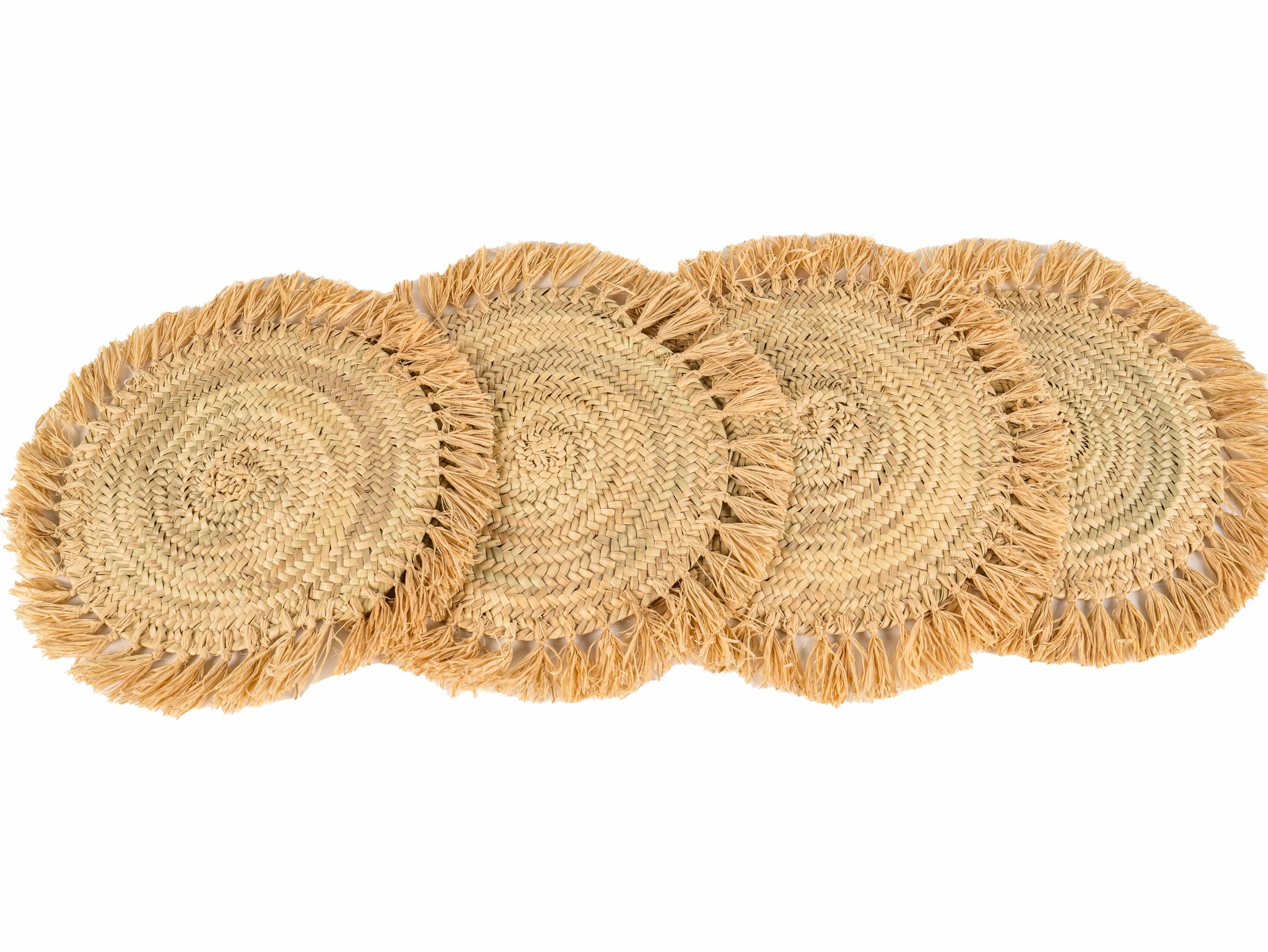 Tovagliette rotonde di Rafia Naturale, 30 cm, set di 4, con frange, tessuto a mano, stile marocchino