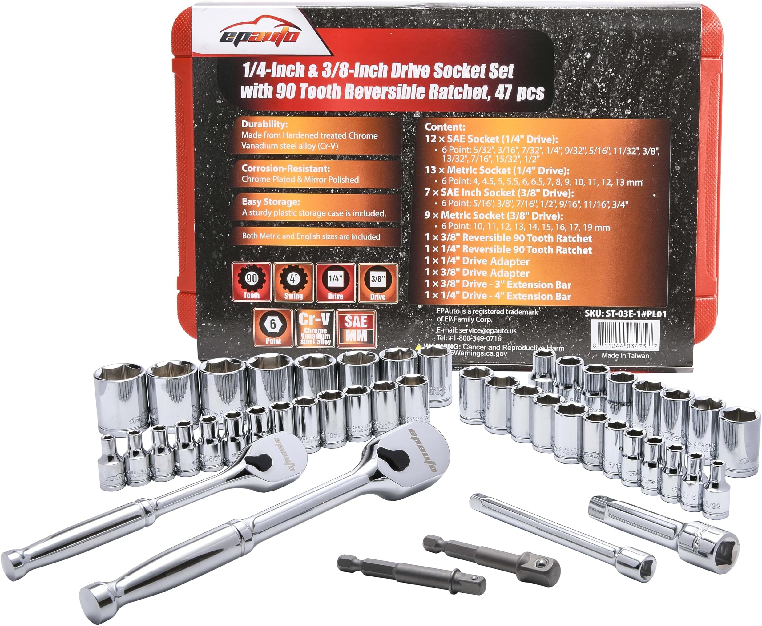 46 Pieces 1/4-Inch and 3/8-Inch Drive Socket Set with 90 Tooth Reversible Ratchet