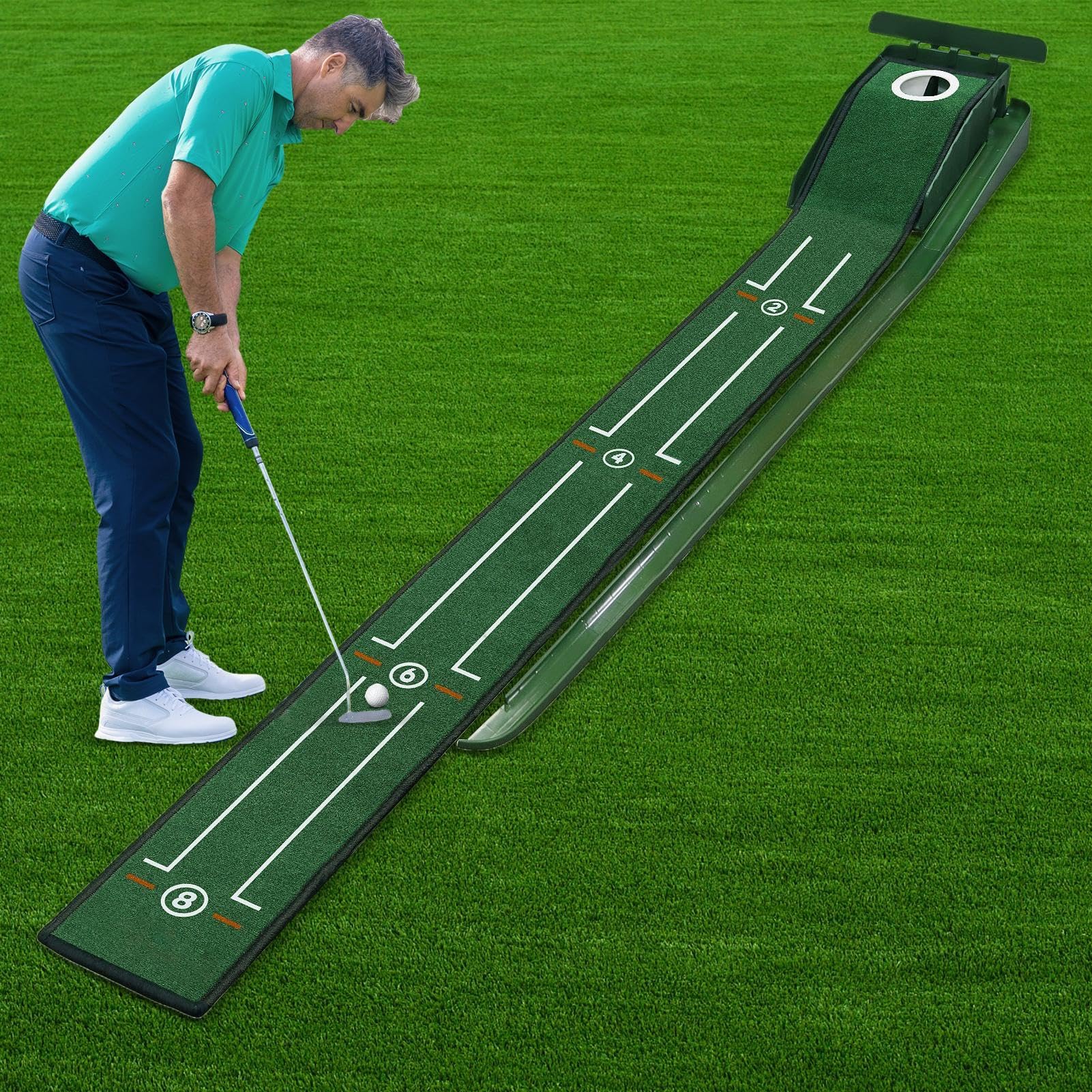 Alfombrilla de putting, práctica en casa, terciopelo de alta calidad, guías de alineación, retorno automático de bola, 10 pies de longitud, uso en interiores y oficinas para hombres, mujeres, portátil