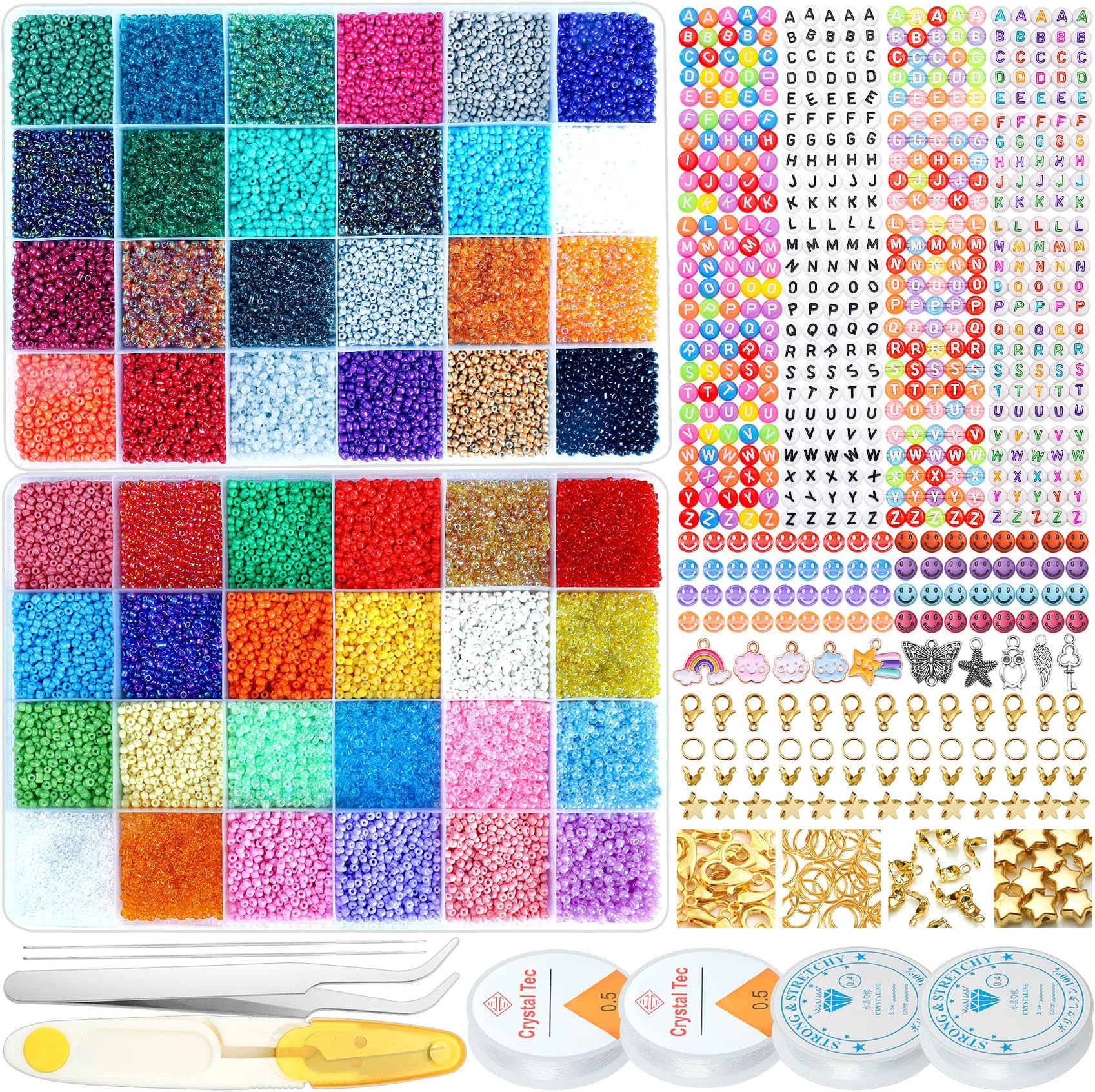 38400pcs 2mm Glass Seed Beads for Jewelry Making Kit, 416pcs Letter Beads & 100pcs Smiley Face Beads 48 Colors Waist Beads Kit Small Beads for Bracelets Necklace Ring with Complete Tool & Accessories