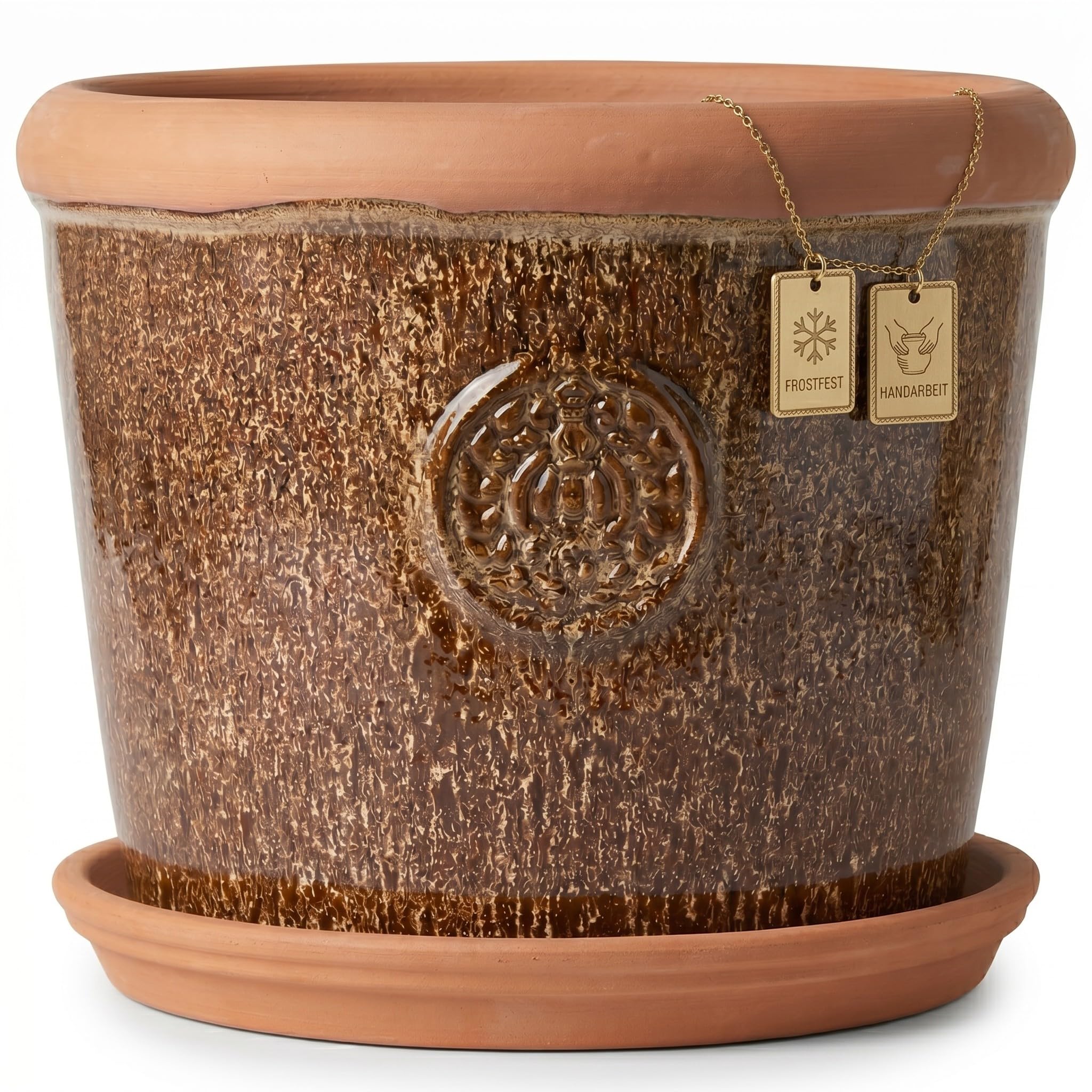 Teramico Pot de fleurs en céramique de qualité supérieure avec soucoupe (marron, 36 cm x 28 cm)
