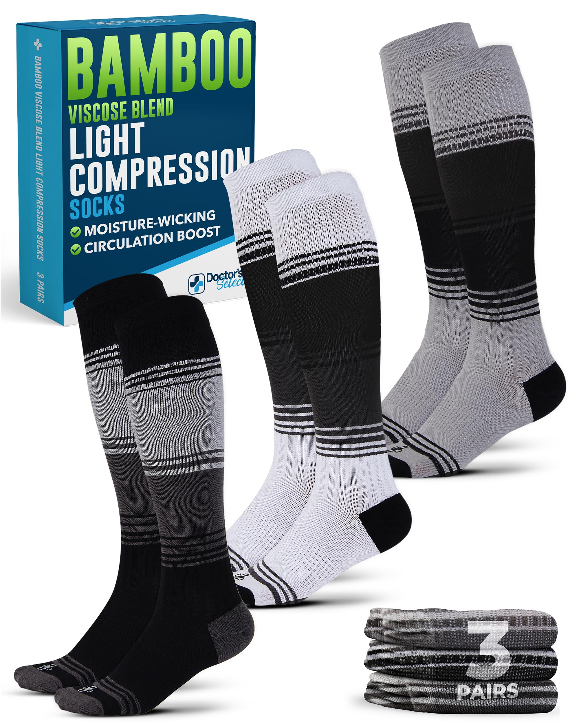 Pembrook Doctor's Select Light Compression Socks for Men & Women - 3 Pairs, Graduated Compression for Support, 8-15 mmHg Compression Socks, Black, White & Gray Stripes/Strp/3-image-26