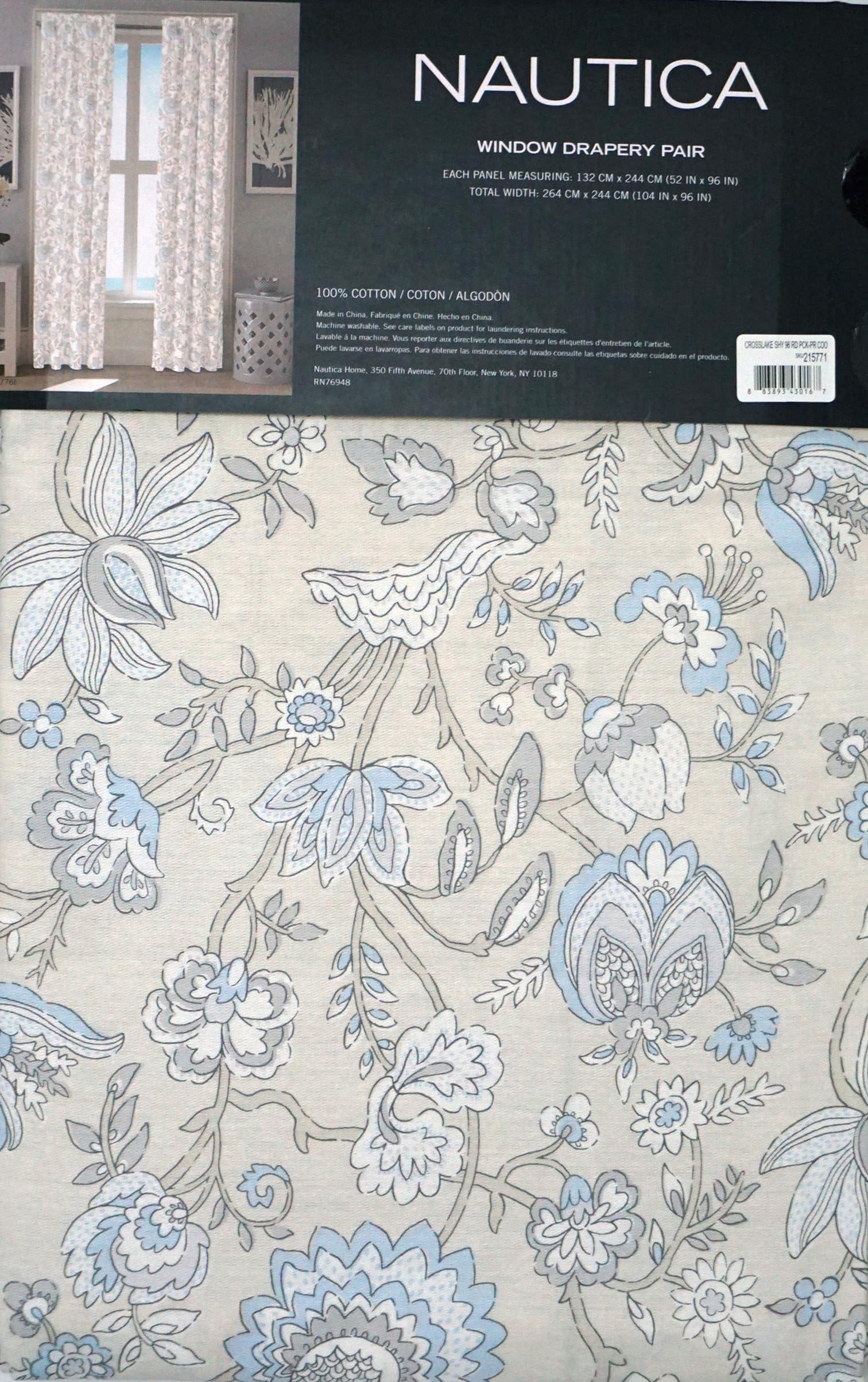 Nautica Pair of Window Curtains Drapery Panels Set of 2 Blue Tan Cream Gray Jacobean French Floral Pattern -- Crosslake -- 52 Inches by 96 Inches