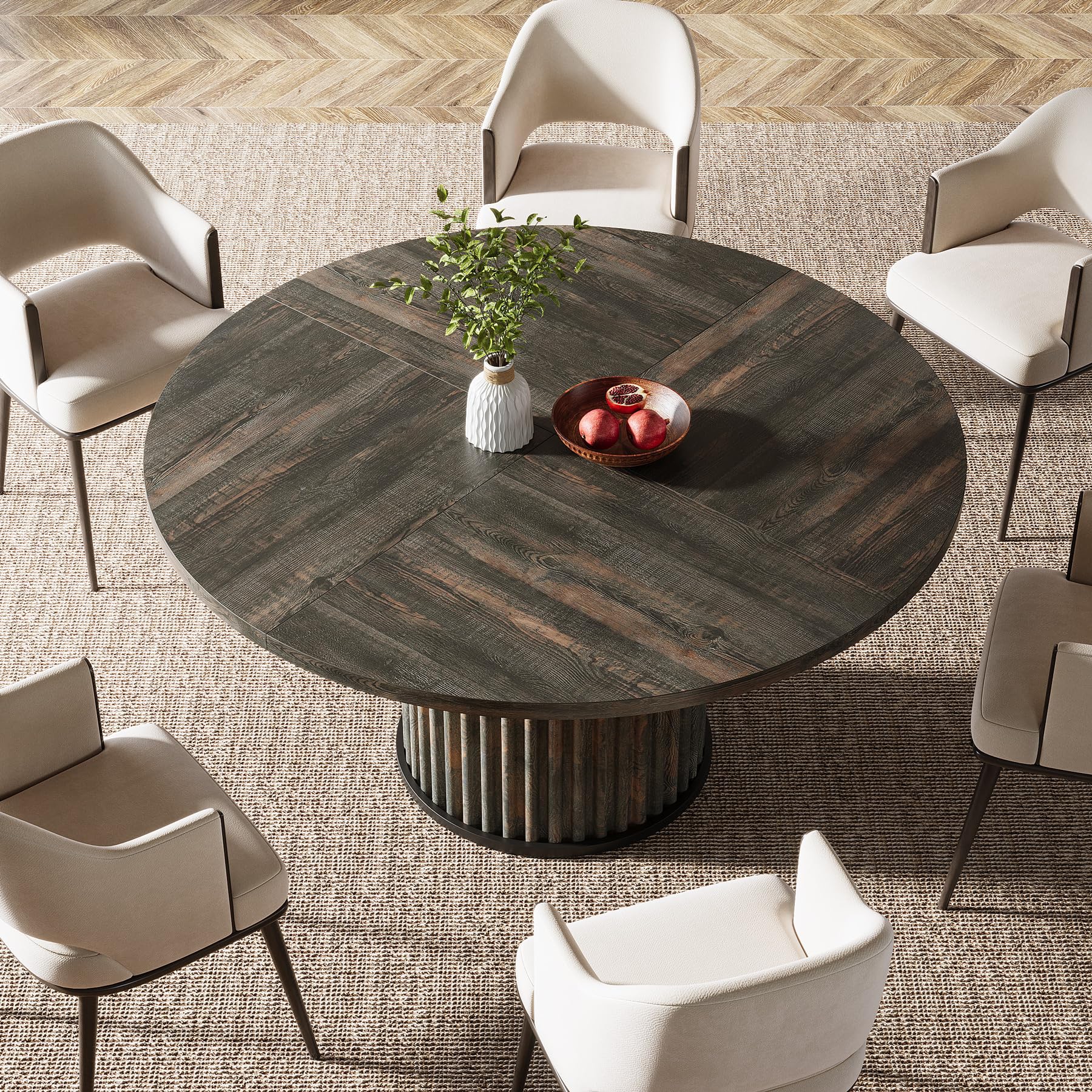 Tribesigns Tavolo da pranzo rotondo da 120 cm per 4 – 6 persone, moderno tavolo da cucina in MDF scanalato + base in metallo, robusto mobile rotondo per sala da pranzo, nero marrone