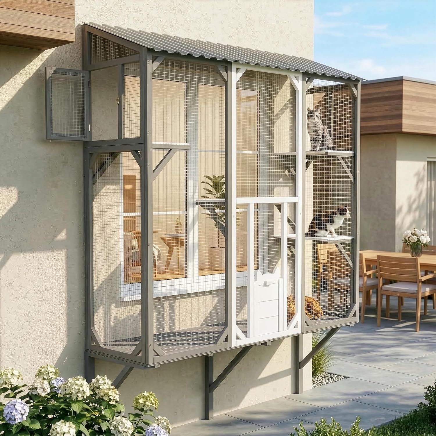 Cat Window Box, Wooden Window Catio for Indoor Cats, Catio Outdoor Cat Enclosure with 3 Platforms & 3 Doors, Secure Wall-Mounted Perch for Sunbathing, Play & Tunnel Connection, All-Weather Use