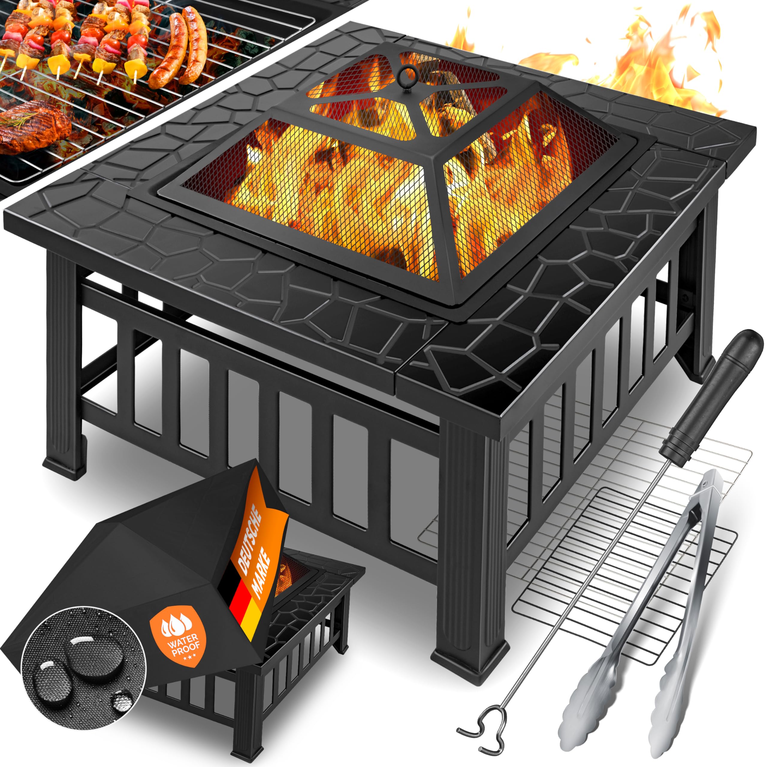KESSER® Feuerstelle mit Grillrost & Grillzange Feuerschale 82x82x50cm  3in1 Multifunktional Fire Pit für Heizung/BBQ Grill  Garten Terrasse  Metall Feuerkorb mit Schutzhülle Schürhaken Funkenschutz
