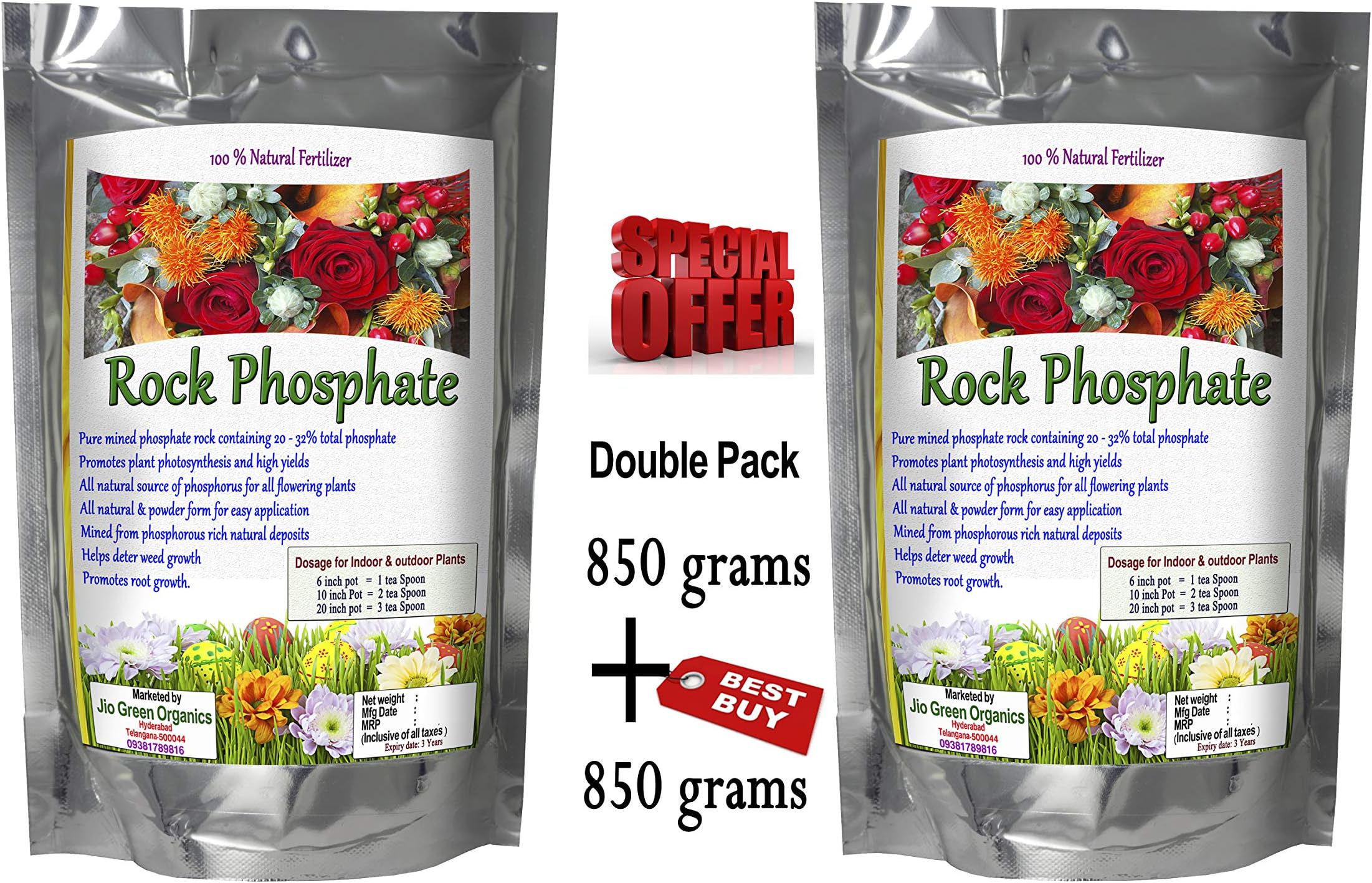 Jio Green garden Store Rock Phosphate Fertilizer (850 + 850 g) for Plants to Develop Healthy Root Systems, Set Fruit and Assimilate nutrients for Good Plant Growth