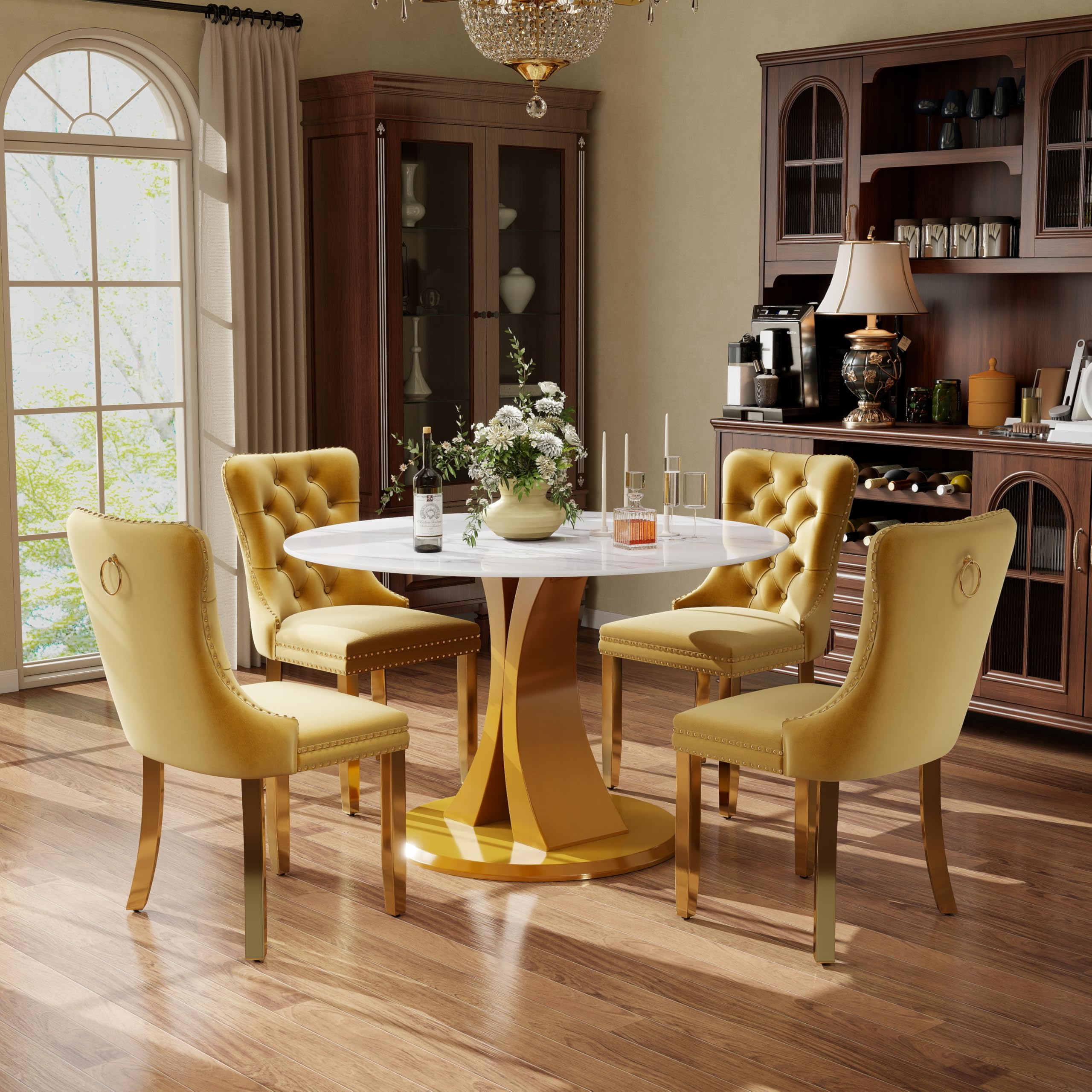 5-Piece Dining Table Set with 39In Faux Marble Table and 4 Velvet Upholstered Chairs, Modern Scandinavian Furniture for Dining Room Kitchen(Yellow&amp;Gold)