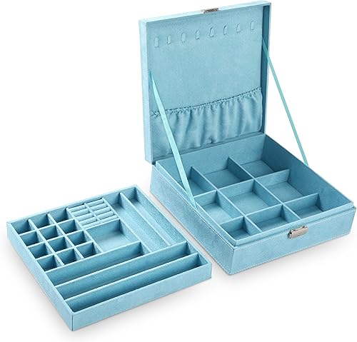 Miniatura 8 de Sodynee Joyero de dos capas con tela con pelusas organizador caja exhibidora para almacenamiento con cerradura