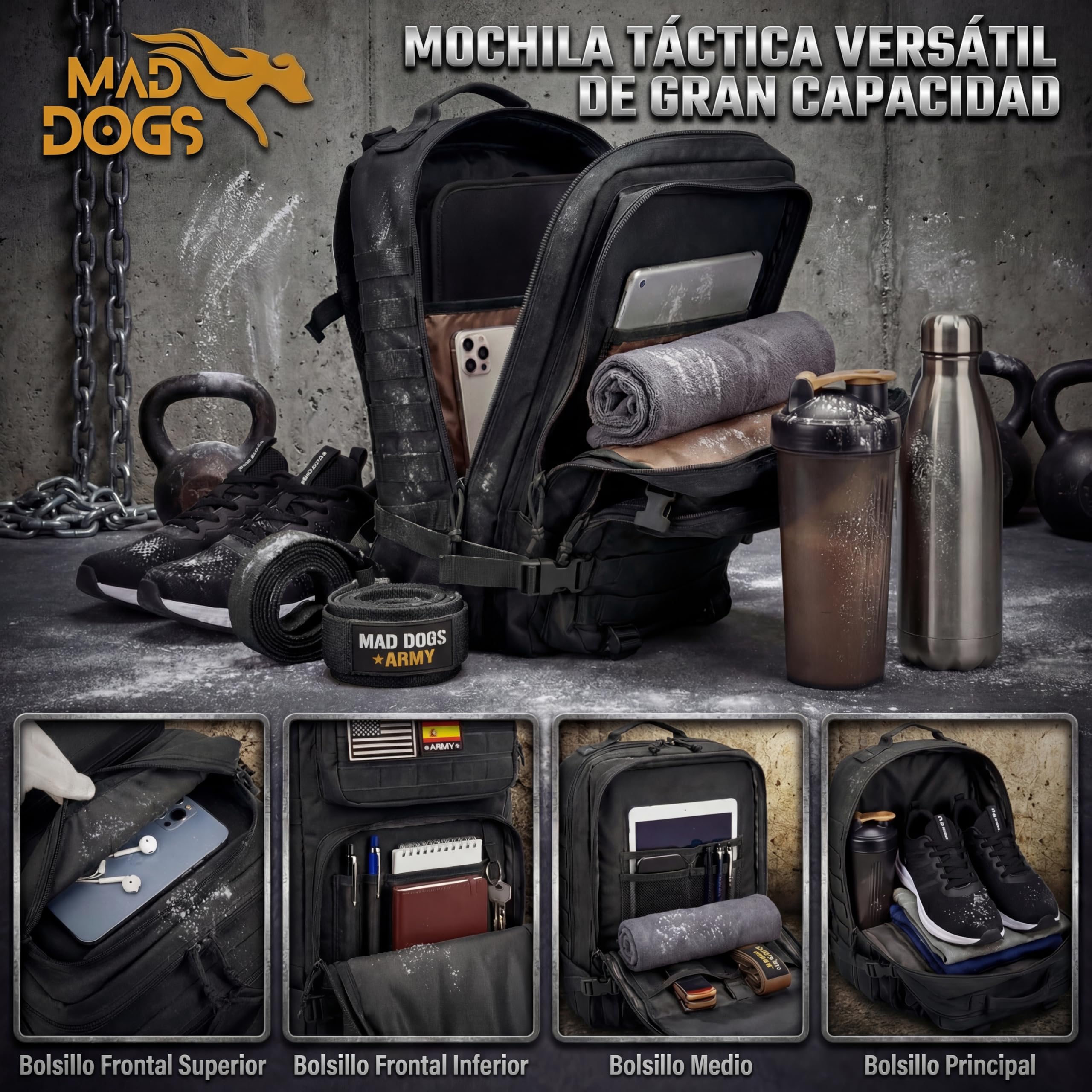 MAD DOGS Taktischer Militär-Rucksack, 45 l, wasserdicht, mit Molle-System, robust und multifunktional, für Survival, Wandern, Jagd, Airsoft, Trekking, Camping, Herren und Damen