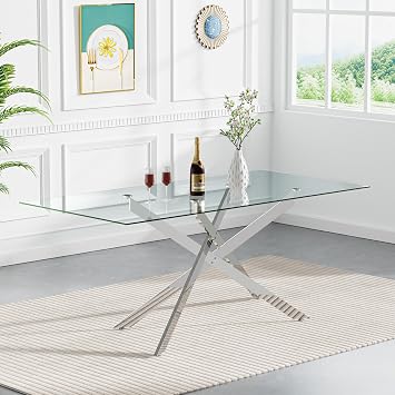 60 Inch Rectangular Glass Dining Table Modern Kitchen Glass Top Table for 6 with Silver Metal Legs, Clear Dining Table Kitchen Table for Home Office Dining Room