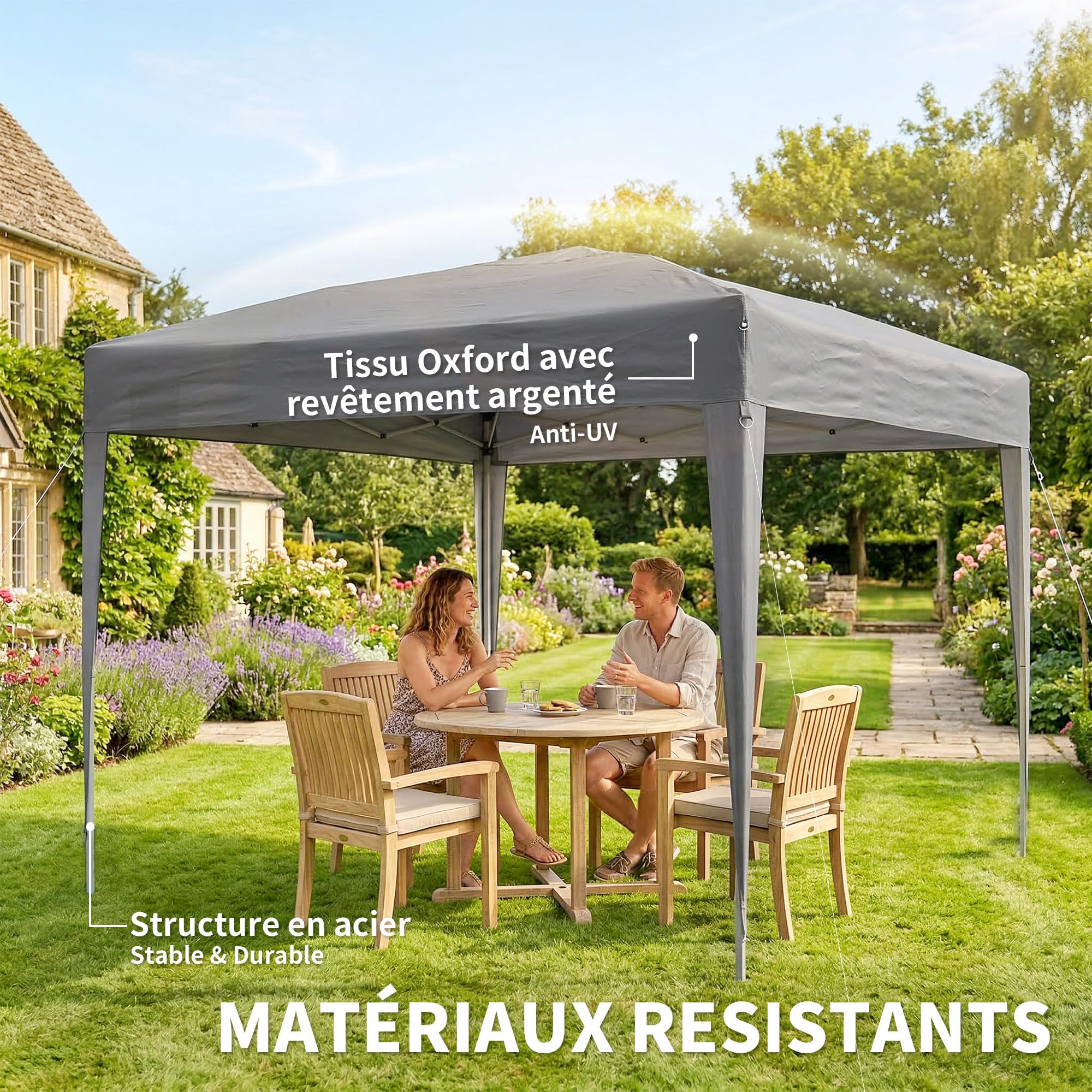 Outsunny Tonnelle de Jardin extérieur 3x3m Tonnelle Pliante Pop up Tente Pliable Barnum de Jardin Pliant Anti-UV + Sac de Transport Acier Oxford Gris