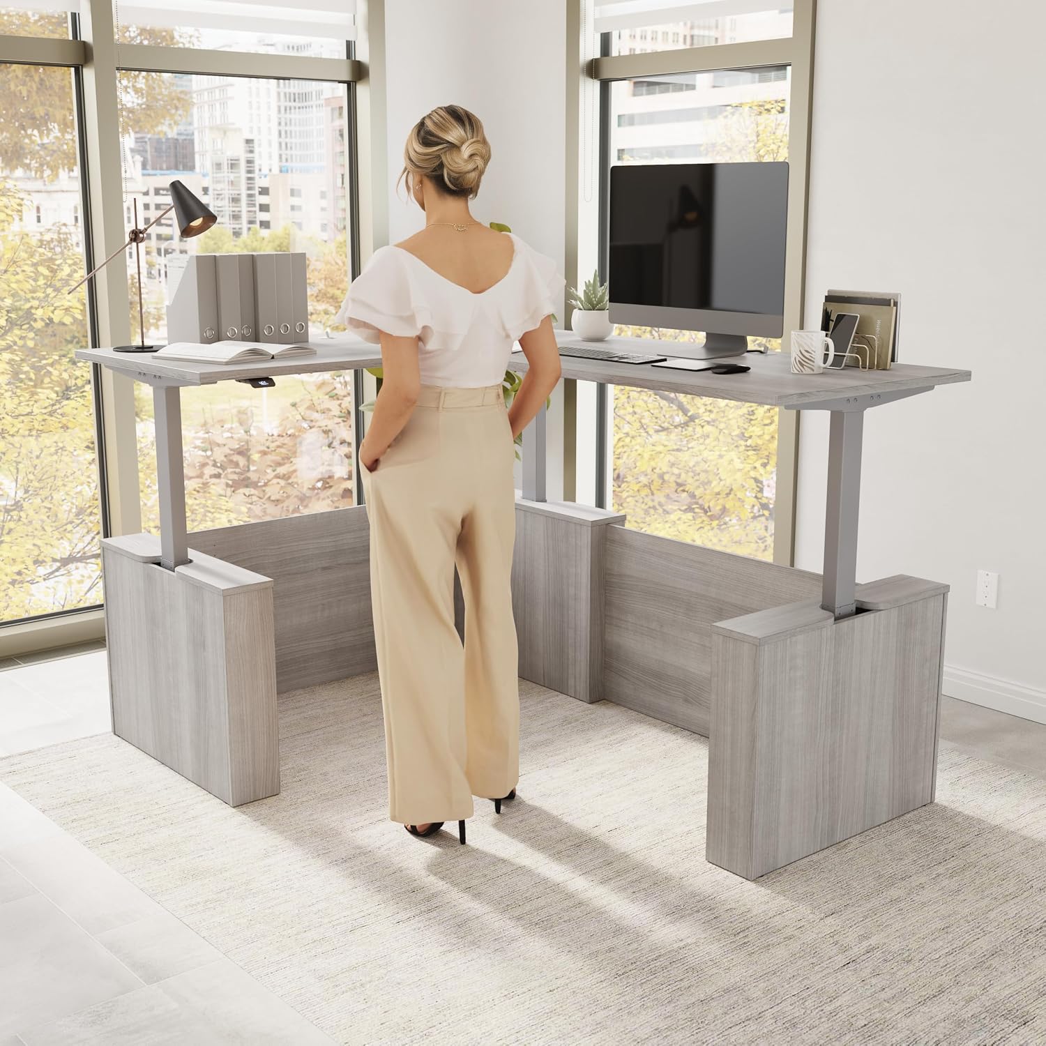 Bush Business Furniture 60-inch Electric Height Adjustable L Shaped Standing Desk, Ergonomic Sit-Stand Computer Table for Office, Stratus Collection, Platinum Gray with Metallic Gray Base