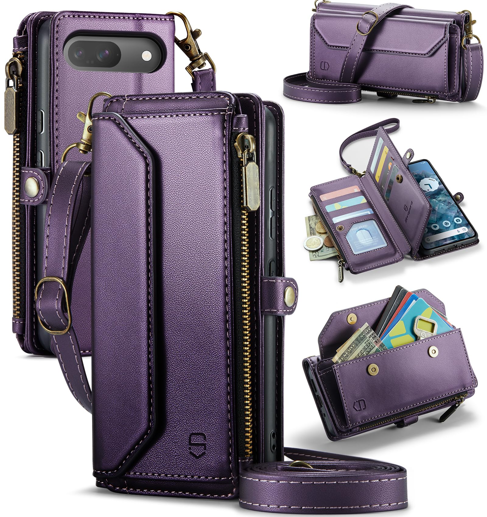 Strapurs Crossbody Wallet Case Compatible with Google Pixel 9/9 Pro RFID Blocking 10-Card Holder Soft PU Leather Magnetic Snap Shoulder Strap Zipper