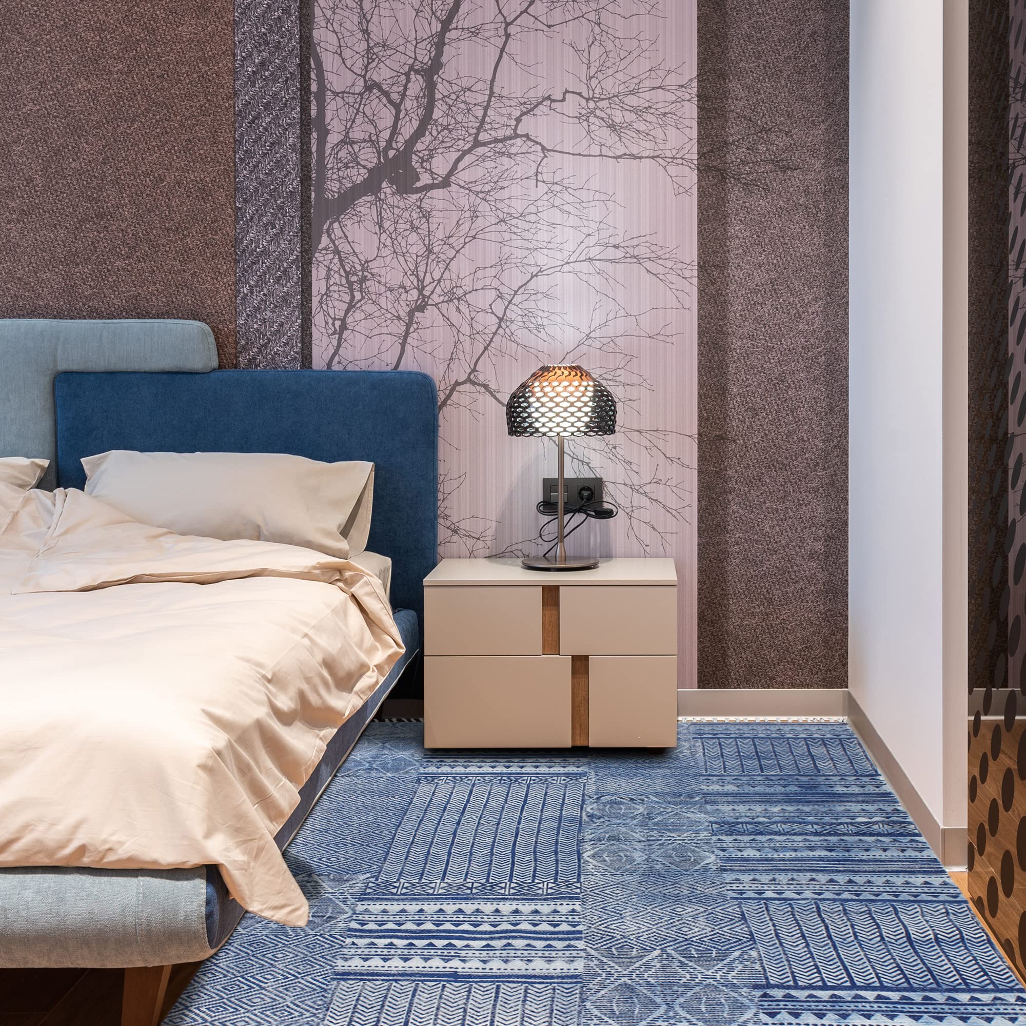 Tappeto indiano fatto a mano, 100% cotone, stampa astratta, blu, tappeto kilim, tappeto da bagno in cotone, tappeto per camera da letto, 180 x 240 cm