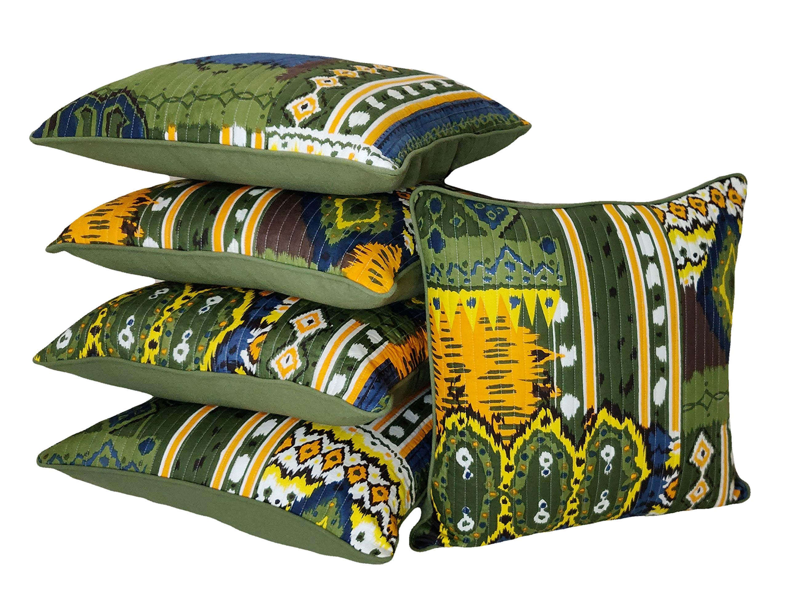 AGASVI Cotton Cushion Cover Ikat Quilted Decorative Cushion Cover for Home Decoration 16 x 16 Inch Printed Cushion Cover Olive Pillow Cover Set of 5