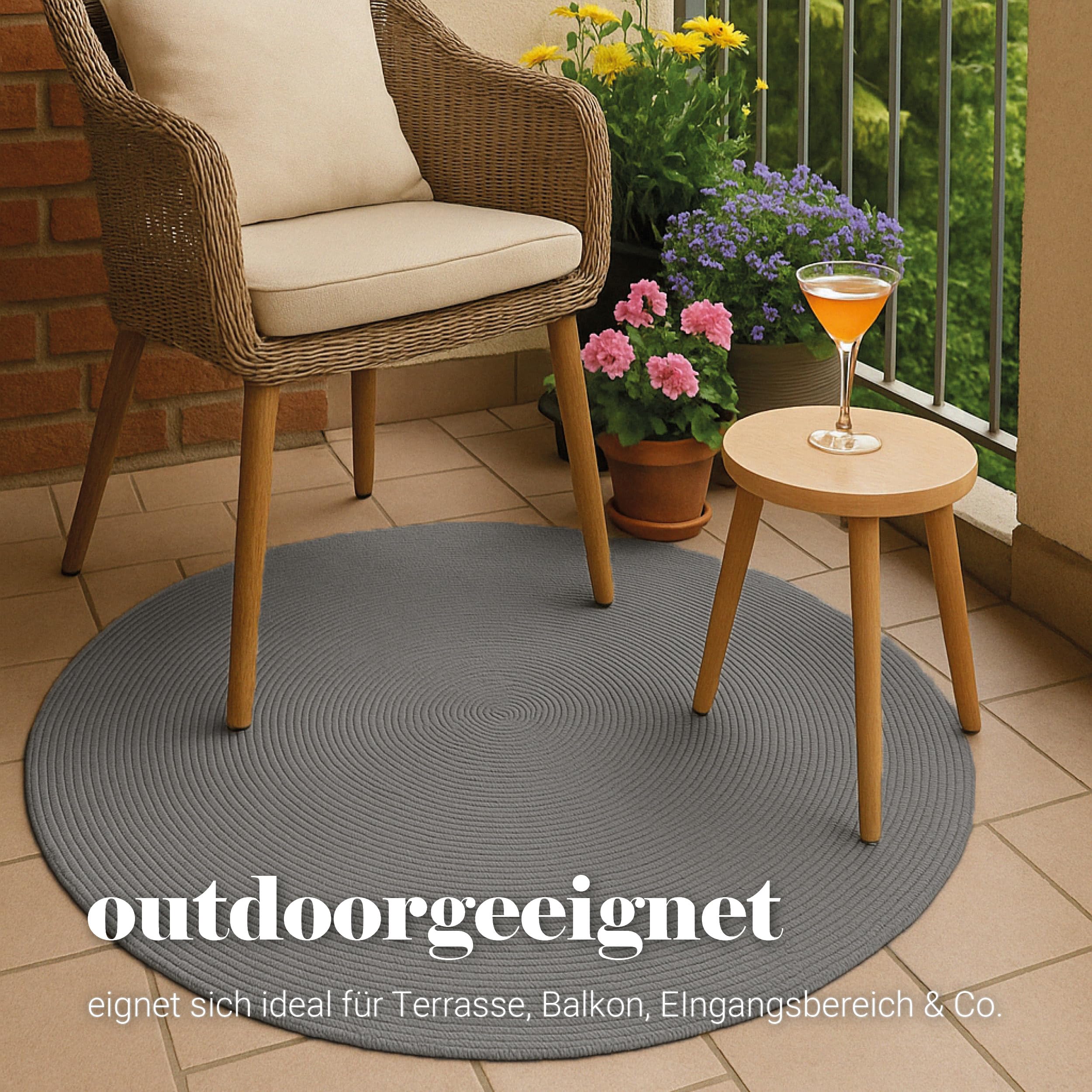 Astra Robuster Outdoorteppich rund - Beidseitig nutzbarer Teppich Innen und Außen - Handgenähter-Teppich Balkon, Terasse, Garten - Grau rund Ø 120 cm
