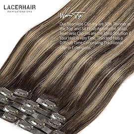 Lacer Hair Extensions Clip in Human Hair Chestnut Brown Mixed Dark Brown with Dark Brown Roots Color Ultra Thin PU Weft Seamless Extensions Clip in Human Hair R2-2/6 110g 7pcs 14 Inch