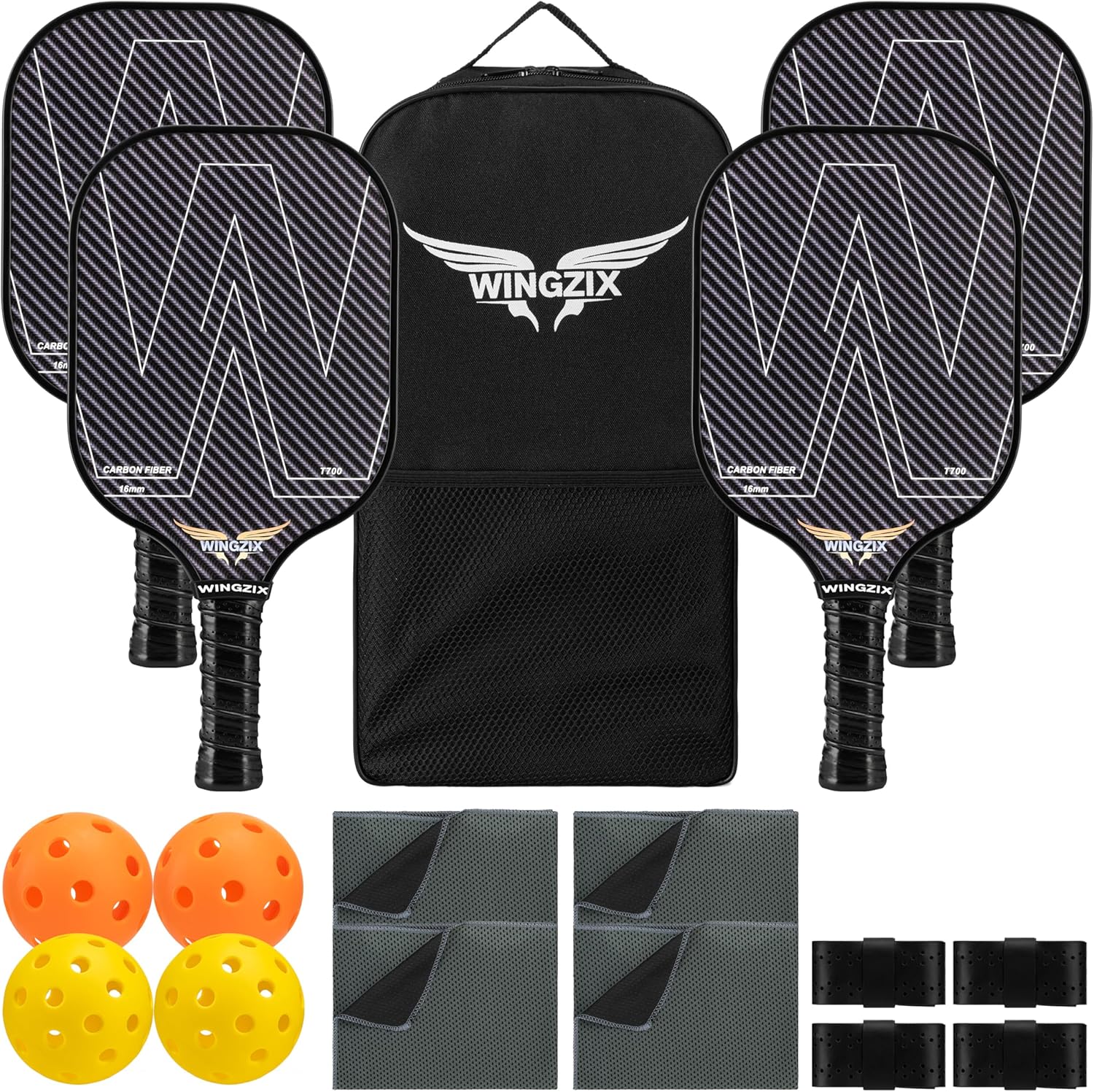 Pickleball Set of 4 Players – T700 Carbon Fiber Pickleball Paddles with 16mm Honeycomb Core, Lightweight Design – 4 Indoor/Outdoor Balls, Carry Bag & Accessories – Premium Pickleball Gift Set