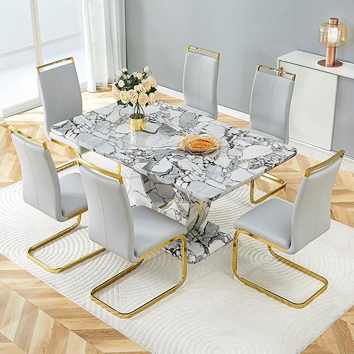 Miniatura 37 de JUFU Juego de mesa de comedor moderno para 6, juego de mesa de cocina de 63 pulgadas con mesa de mármol sintético y 4 sillas tapizadas de piel