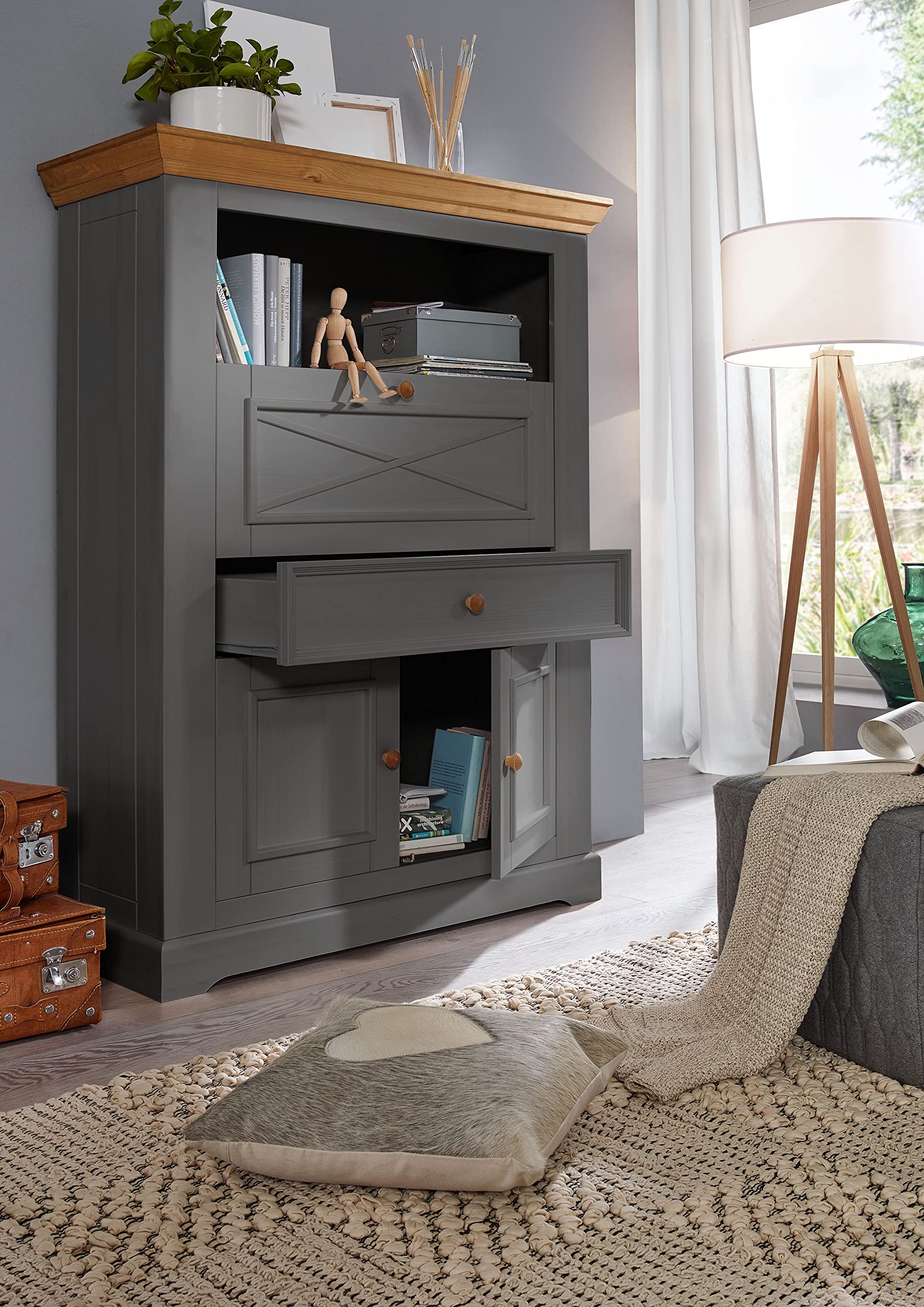 Woodroom Sekretär Oslo in Kiefer massiv grau (BxHxT 108x152x42 cm), Büroschrank