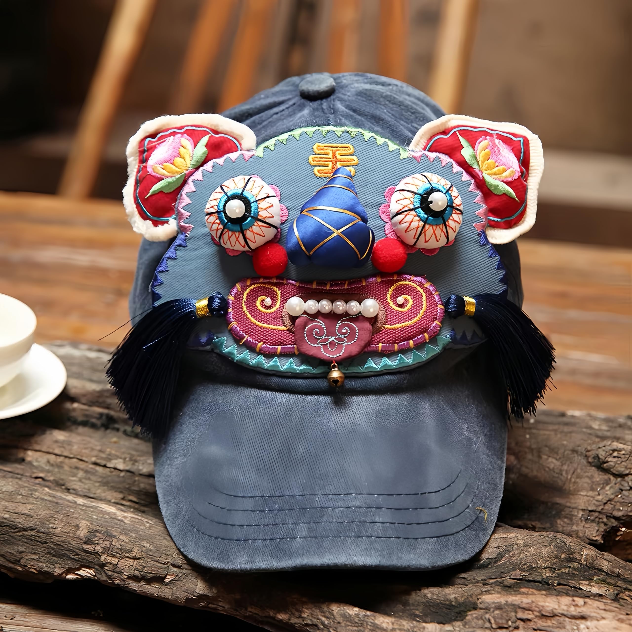 Traditionelle chinesische Tigerkopf-Baseballkappe, Vintage-Baumwolle, verstellbarer Hut, ethnischer Stil, Neuheit Hut für Damen und Herren