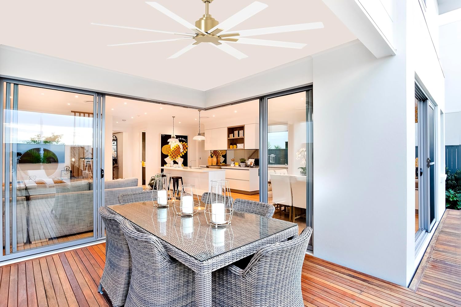 MINKA-AIRE F896-65-SBR/WHF Xtreme H2O 65 Inch DC Motor Outdoor Ceiling Fan with Remote Control in Soft Brass Finish with Flat White Blades