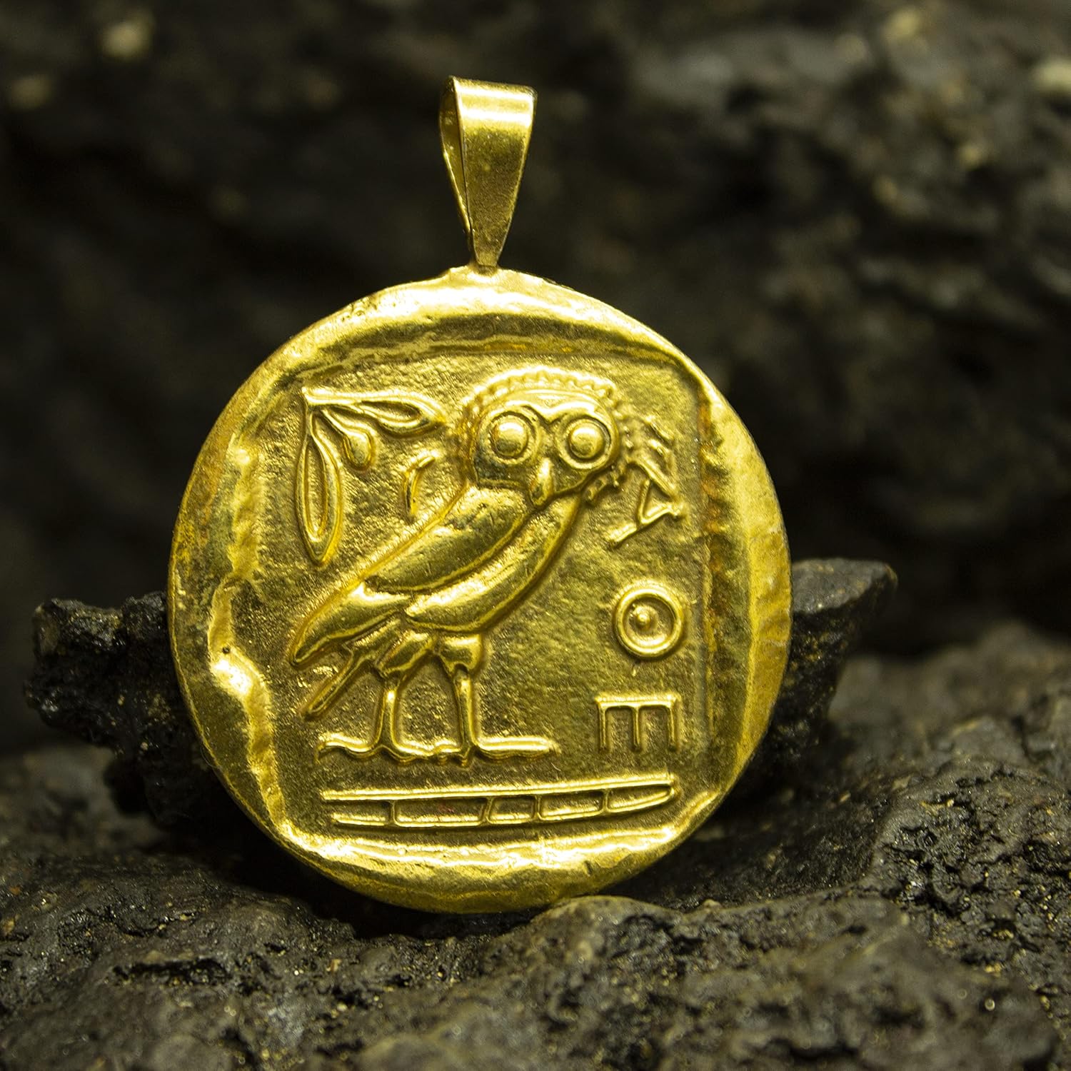 Ancient Greek Owl Athena Signet Coin Pendant | 24K Gold Plated 925 Sterling Silver | Roman Goddess Necklace | Mythology Jewelry by Pellada