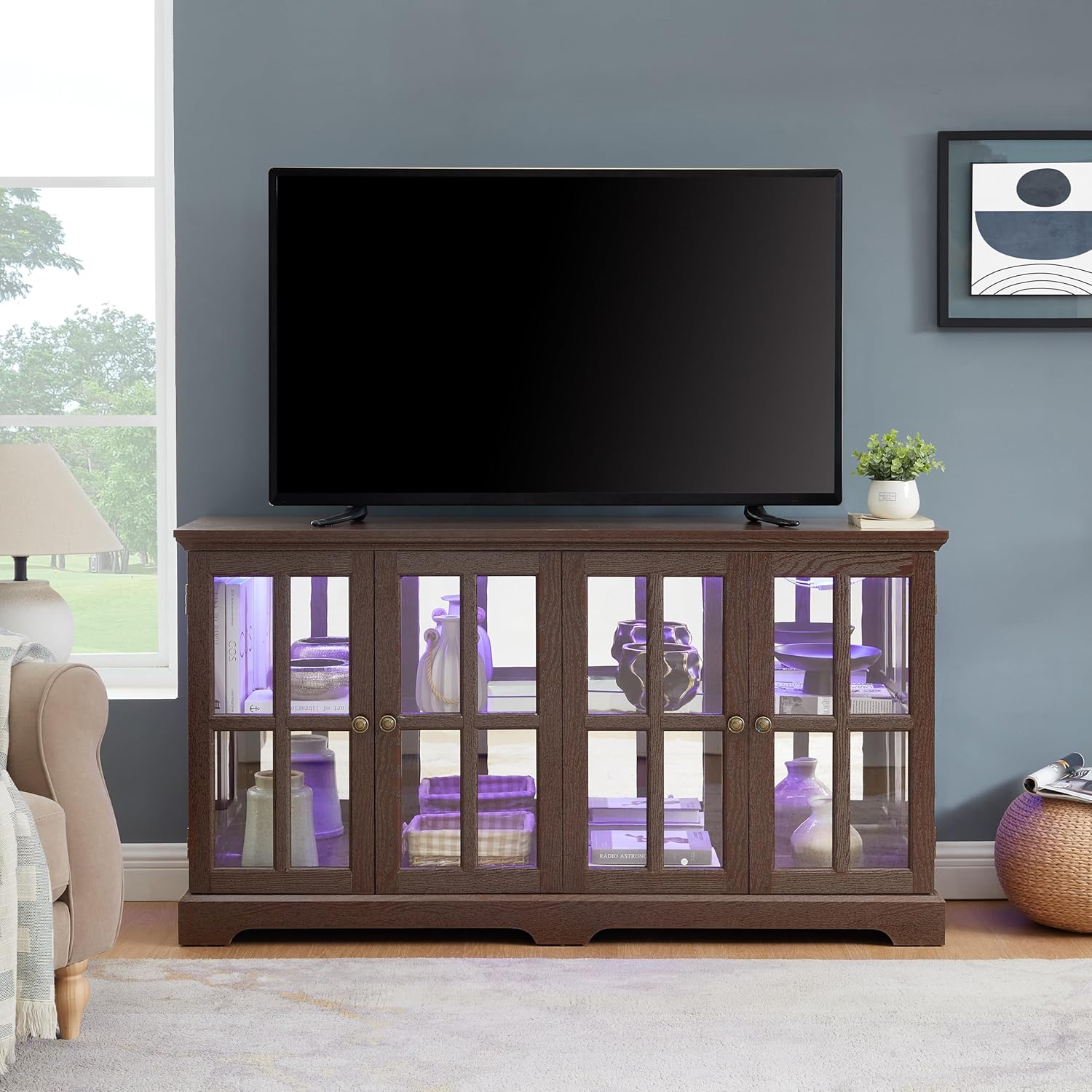 LED Curio Display Cabinet with Glass Doors, Cherry, 4-Door Vintage Showcase, Adjustable Shelves, 59.05 x 15.75 x 32.09 Inch