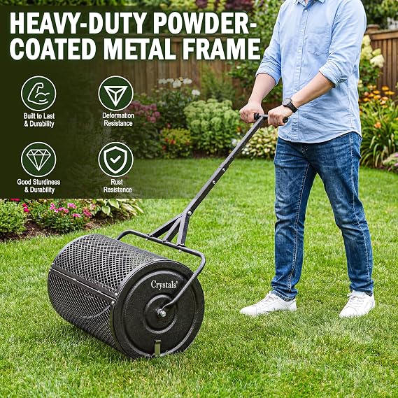 Crystals 24 Compost Spreader Roller – 70L Lawn Garden Spreader, Heavy Duty Steel Mesh Drum for Top Soil, Sand, Manure & Fertiliser, Compost Spreader for Lawn & Soil Spreader Tool