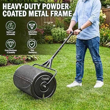 Crystals 24 Compost Spreader Roller – 70L Lawn Garden Spreader, Heavy Duty Steel Mesh Drum for Top Soil, Sand, Manure & Fertiliser, Compost Spreader for Lawn & Soil Spreader Tool