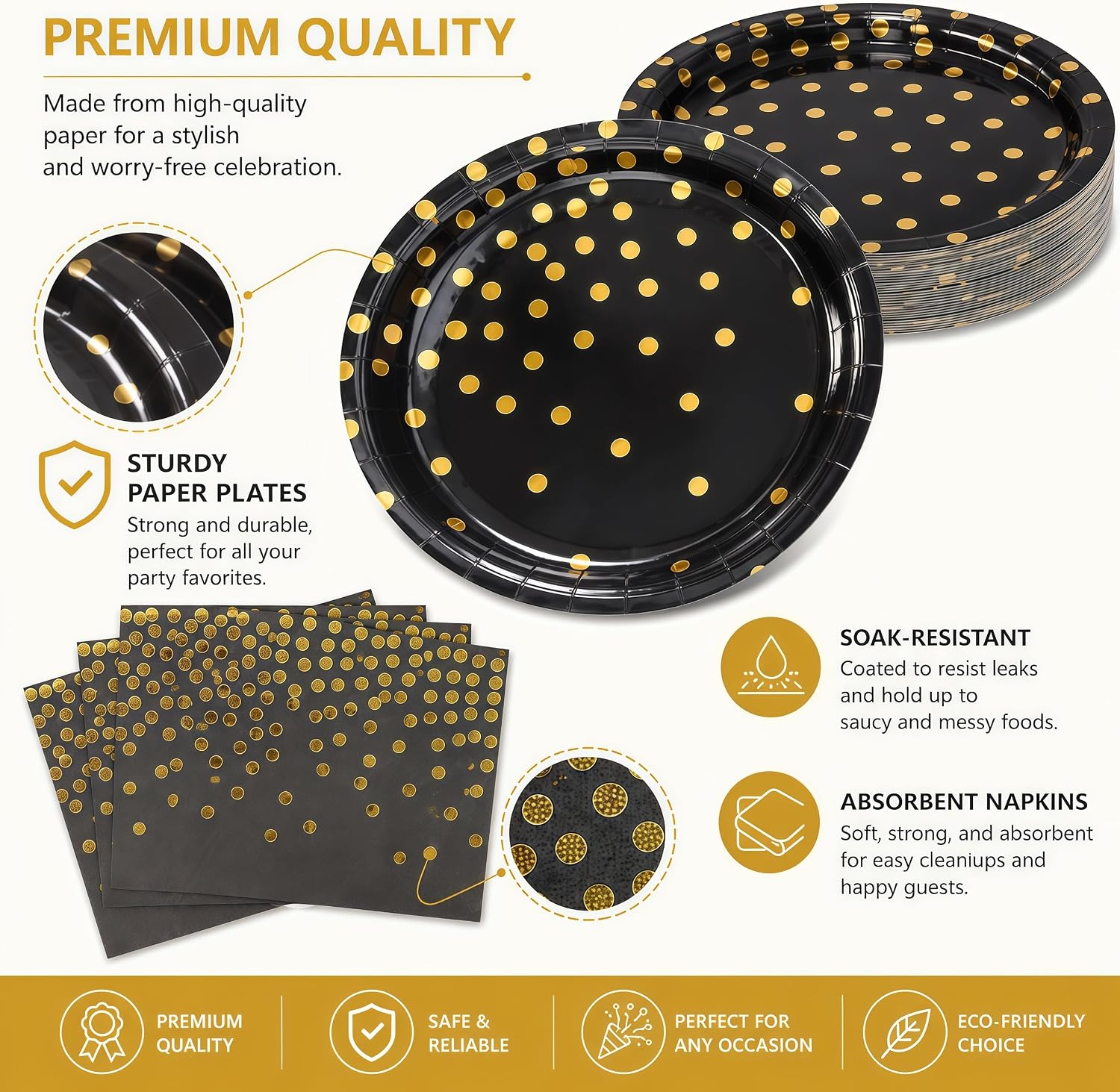 50PCS Black and Gold Paper Plates and Napkins Party Supplies, 7Inch Gold Dot Cake Dessert Plates Disposable Tableware Set for Birthday Wedding Graduation Holiday Party Decorations (Black Gold Dot) image 3