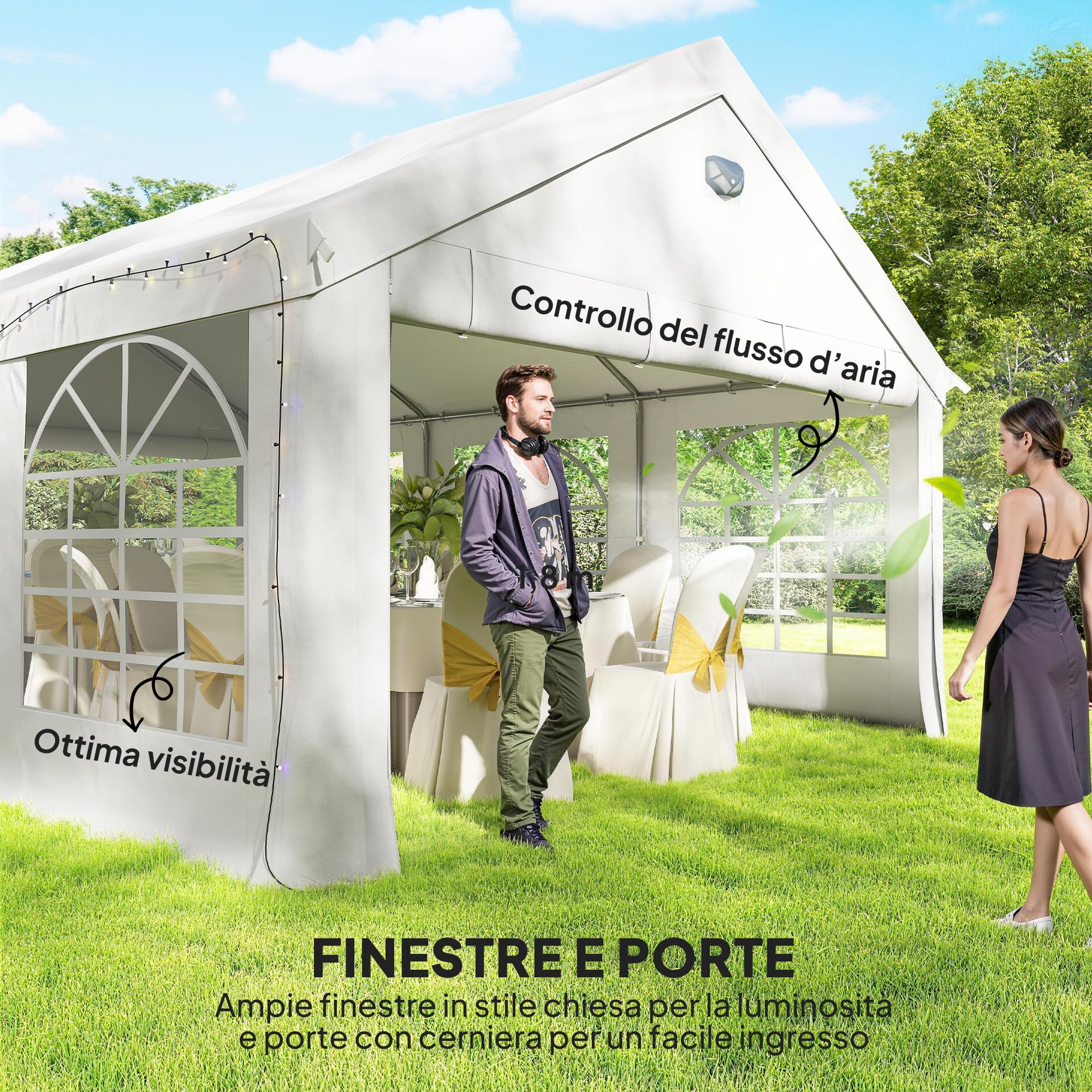 Outsunny Tendone per Feste 4x6 m con Luci LED, Gazebo da Giardino in Acciaio Zincato con Porte a Cerniera, Finestre, Pareti Laterali Rimovibili, Gazebo da Esterno per Matrimoni Eventi Raduni, Bianco
