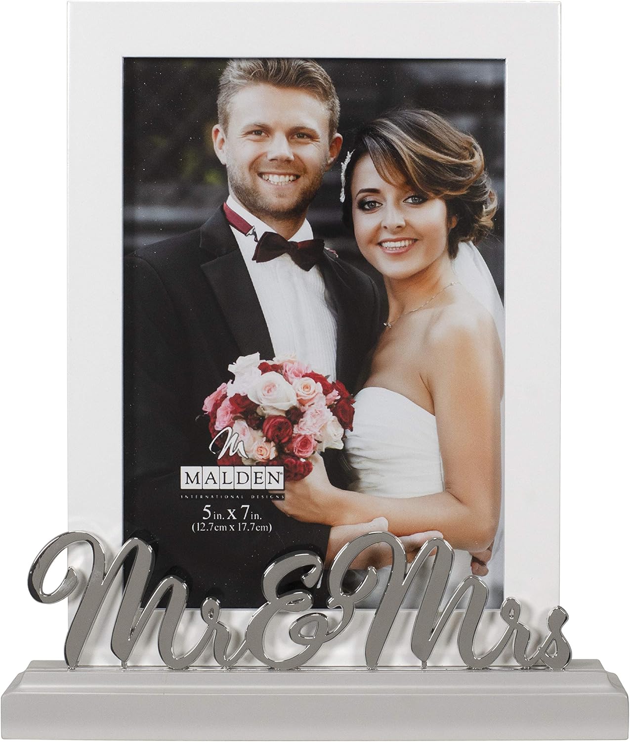 Malden Mr & Mrs 5x7 Wedding Photo Frame - Elegant White MDF Wood with Gray Base & Silver Script, Freestanding Tabletop Display