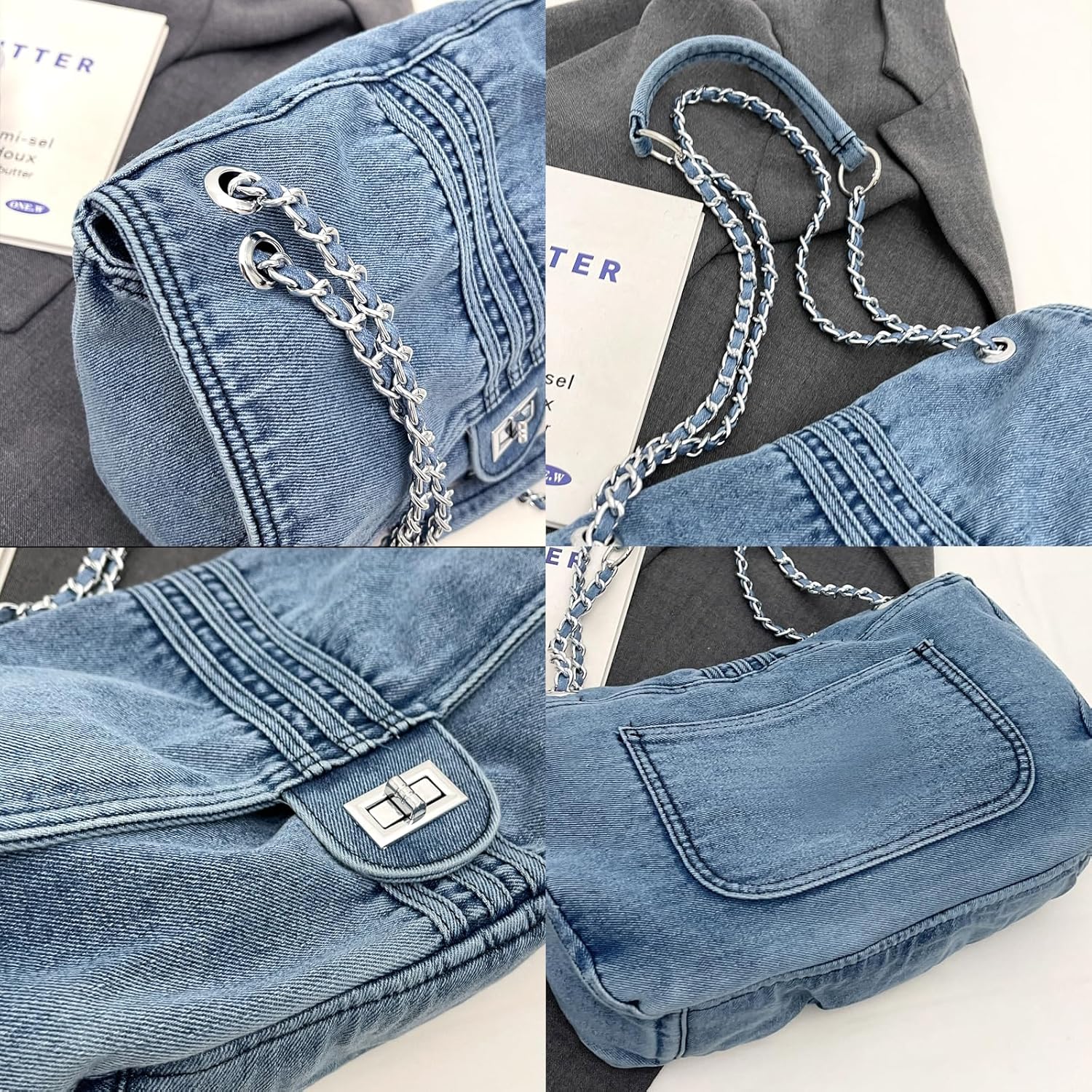 Large Denim Purses for Women Denim Tote Bag Casual Retro Crossbody Lightweight Shoulder Bag Canvas Handbags - Image 4