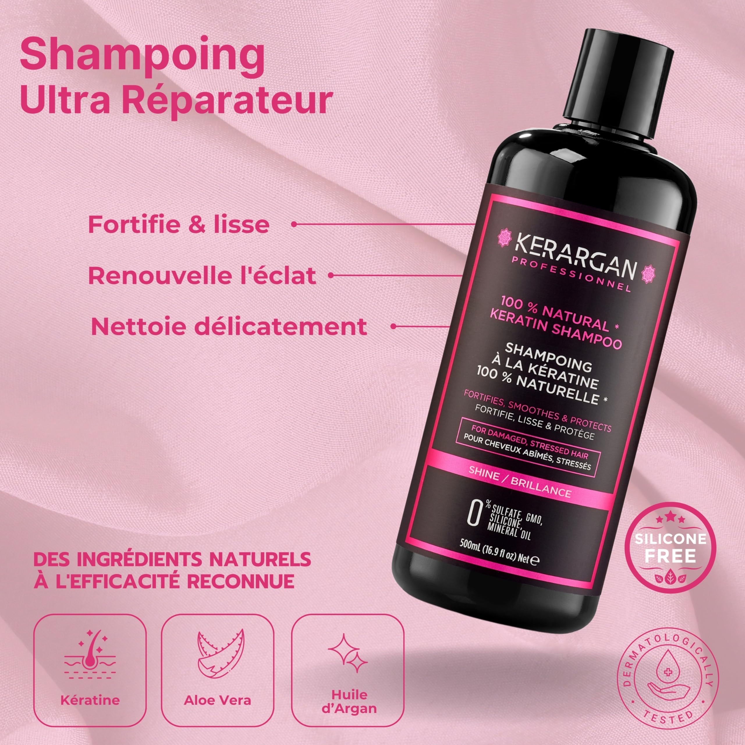 KERARGAN - Duo Kératine Shampoing & Gommage Sans Silicones - 500ml+250ml | Shampoing et gommage, nettoient et exfolient le cuir chevelu, formules sans silicones, OGM ni huiles minérales