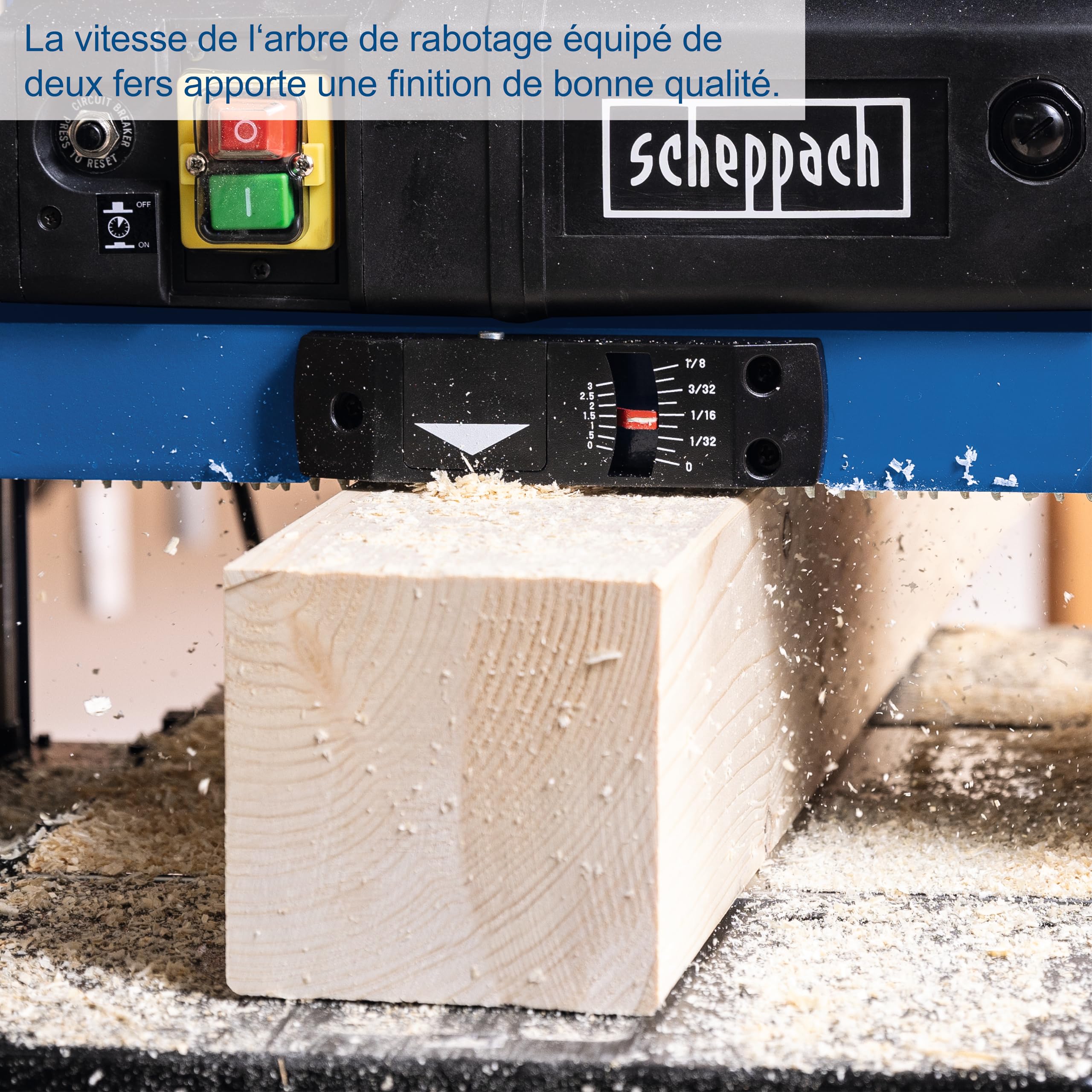 Scheppach Raboteuse PLM1800 | 1500W | Arbre de Rabotage Ø48mm | Vitesse de Rotation de l'arbre de Rabotage 8500 min-1 | Hauteur/largeur de passage : 152 mm / 330 mm | 2 fers en Acier Rapide