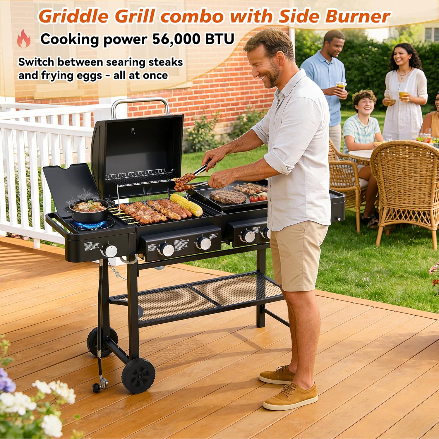 All-in-One Propane Gas Grill with Grilling & Griddling Functions, 745 Sq.Inch Cooking Space, 5 Burners, 56000 BTU Propane Grill, Heavy-Duty Stand for Backyard Barbecue & Outdoor Cooking
