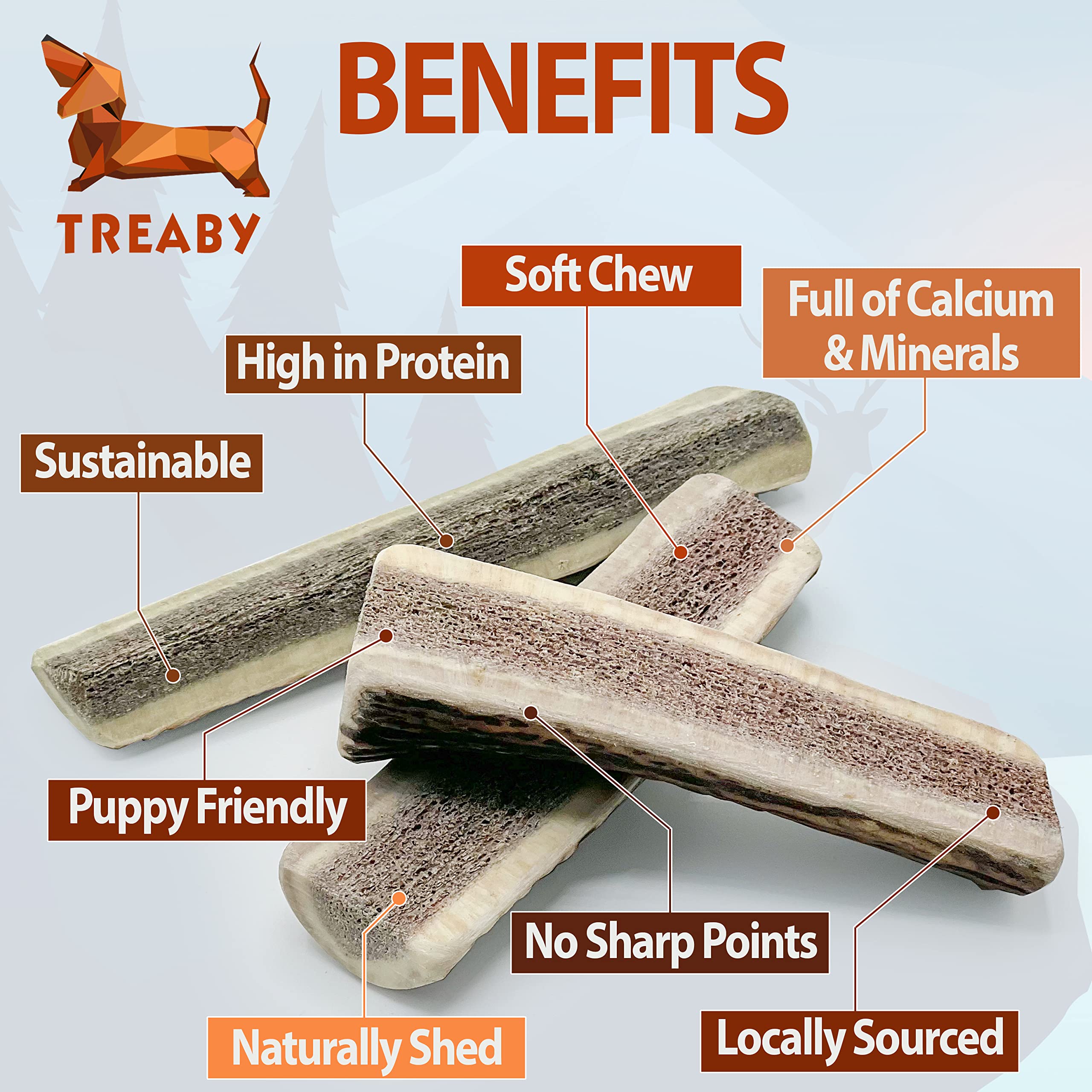 Treaby Deer Split Antler Chews for Dogs Pack of 3, Natural & Eeasy Chew Dog Toy - Image 2