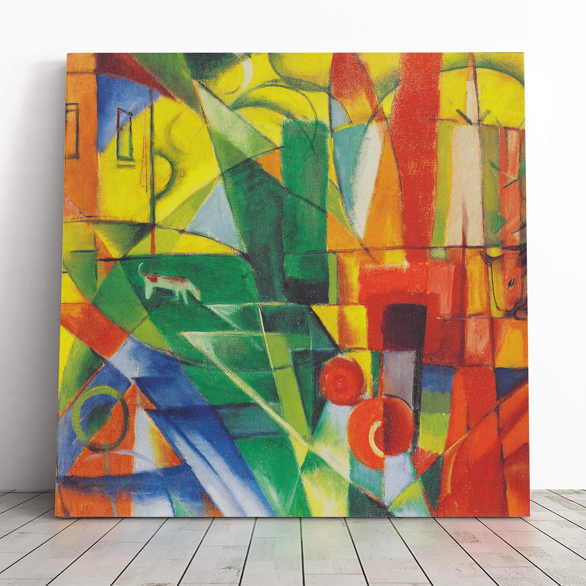 Big Box Art Canvas Print Wall Art Franz Marc Landscape with House, Dog and Cow | Mounted & Stretched Box Frame Picture | Home Decor for Kitchen, Living Room, Bedroom, Hallway, Muli-Colour, 14x14 Inch