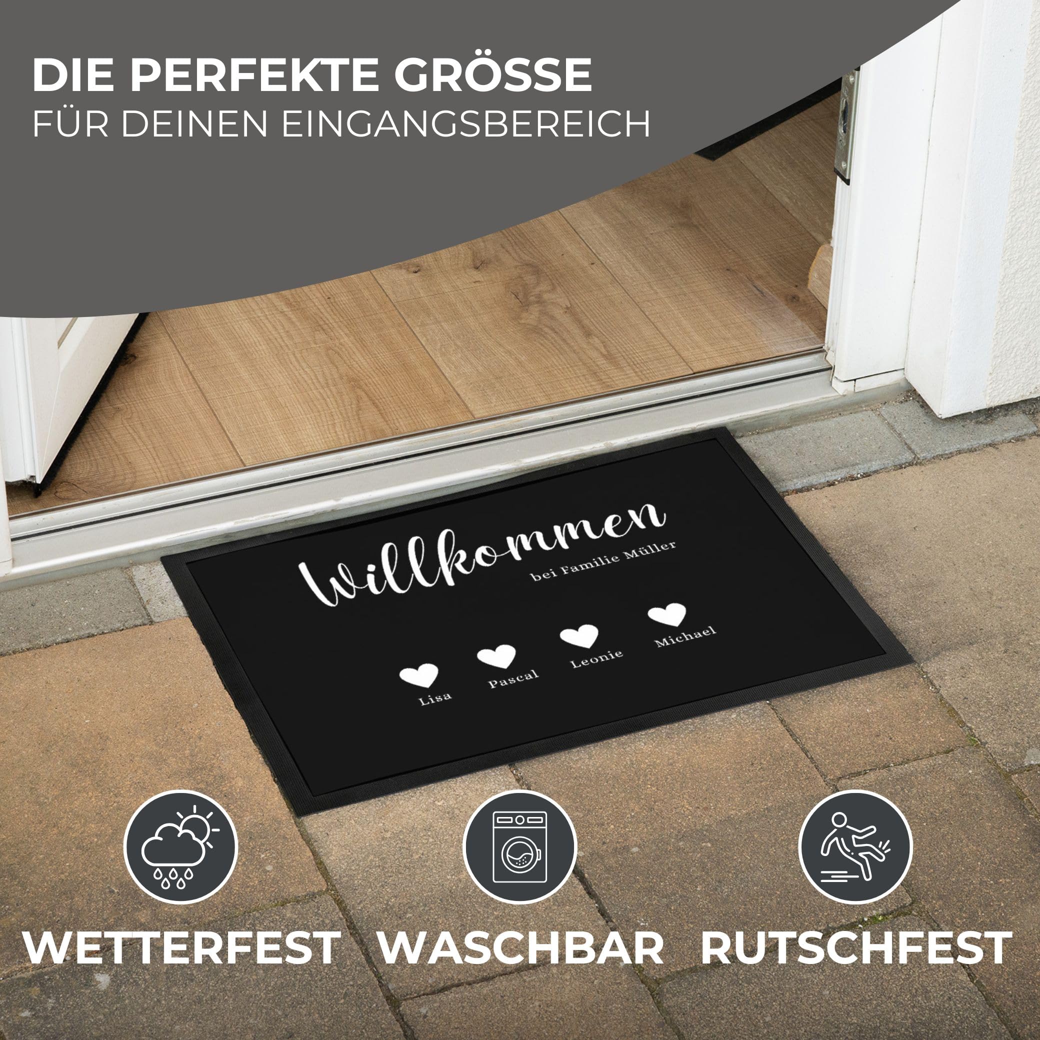 Personalisierte Fußmatte Willkommen bei Familie [Nachname] – Geschenk zum Einzug | Fußmatte außen & innen | Flur Deko & Wohnung Zubehör (Willkommen bei, 60 x 85 cm)