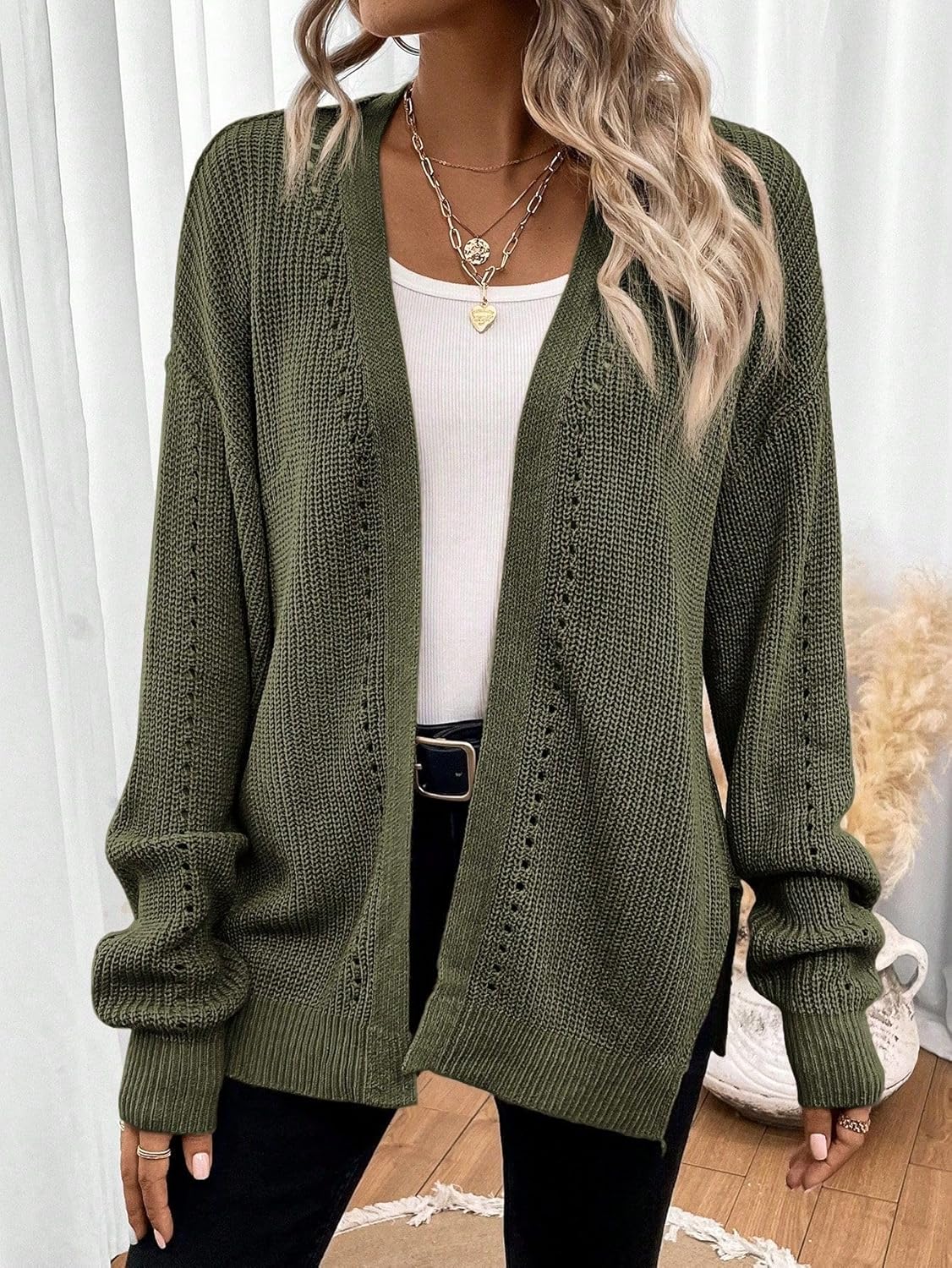 SISKIN Long Cardigan Sweater for Women 2025, Vintage Casual Open Front Side Slit Balloon Fall Cardigan - Image 6