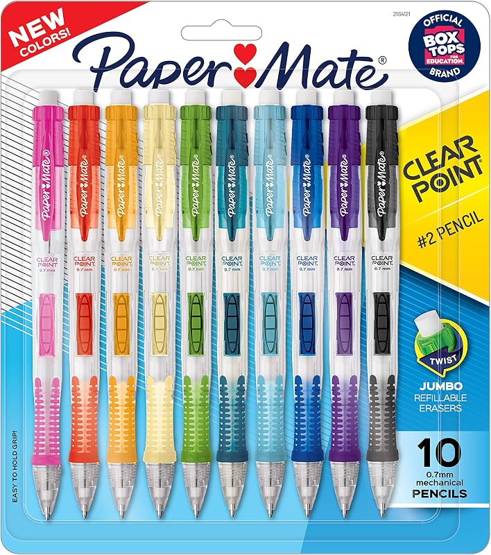 Lápices mecánicos Paper Mate Clearpoint, mina HB #2 de 0,7 mm, 2 lápices, colores de barril de moda variados, 10 unidades - Elementos esenciales para el regreso a la escuela, toma de notas, suministros para maestros