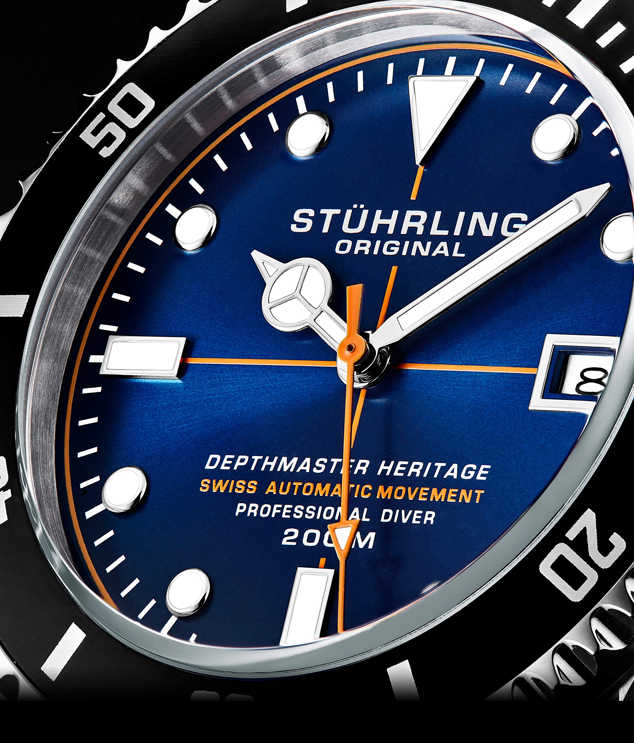 Stuhrling Montre de plongée Automatique Suisse Originale pour Homme, en Acier Inoxydable, étanche jusqu'à 200 mètres, Bracelet brossé et biseauté avec Fermoir de sécurité et Couronne vissée.
